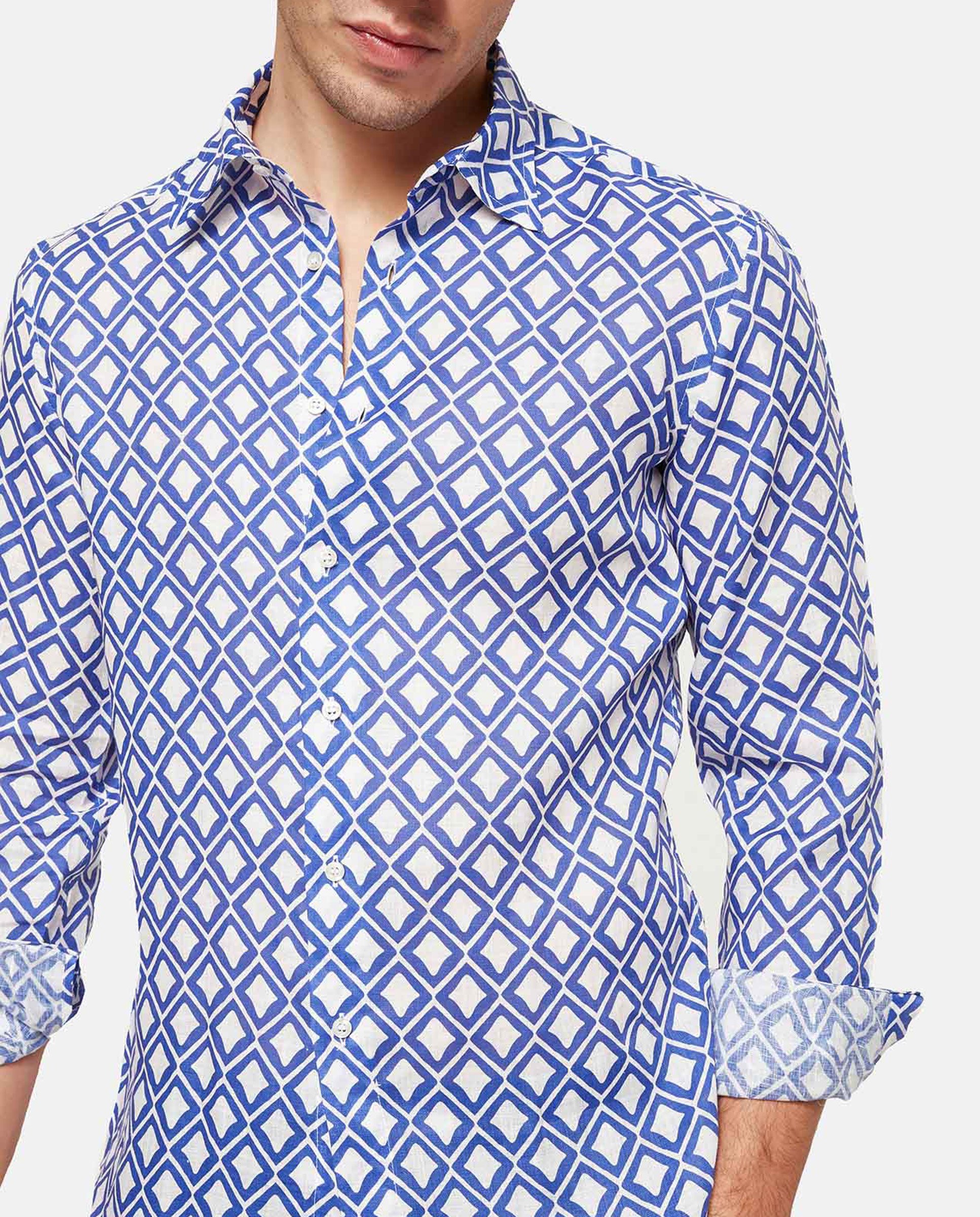 Camisa de lino de hombre classic con estampado en color - PENINSULA - Azul Azul-2
