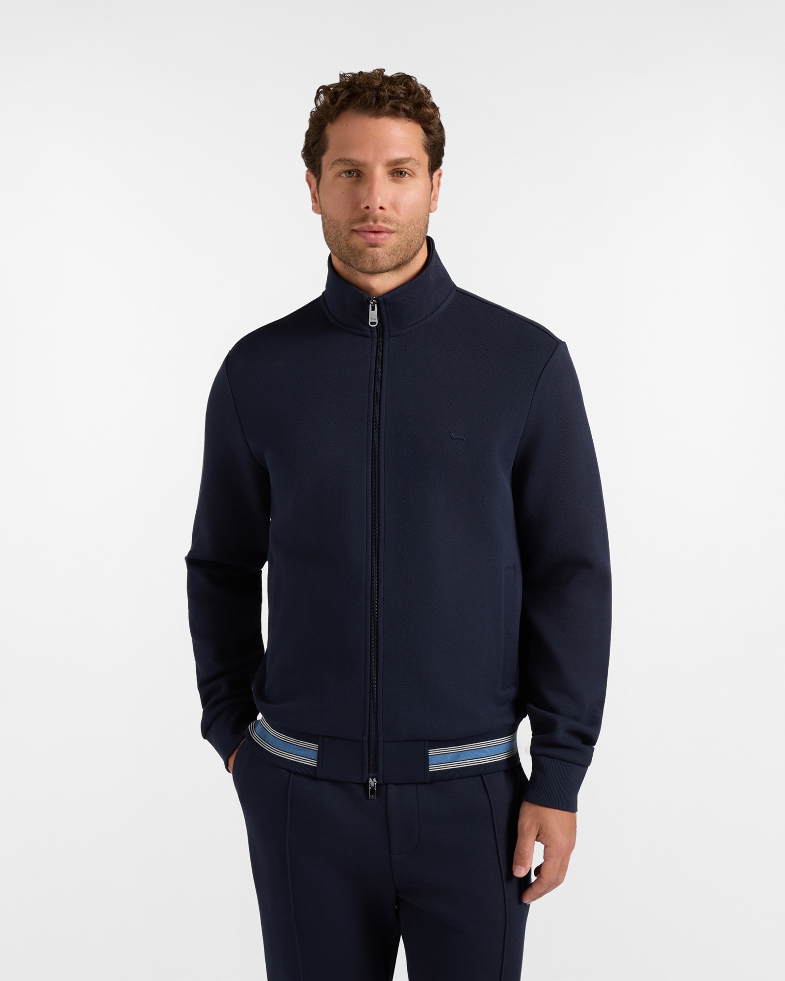 Sudadera de hombre con cremallera completa en piqué con acabado de rayas - Harmont&Blaine - Azul marino Azul marino-1