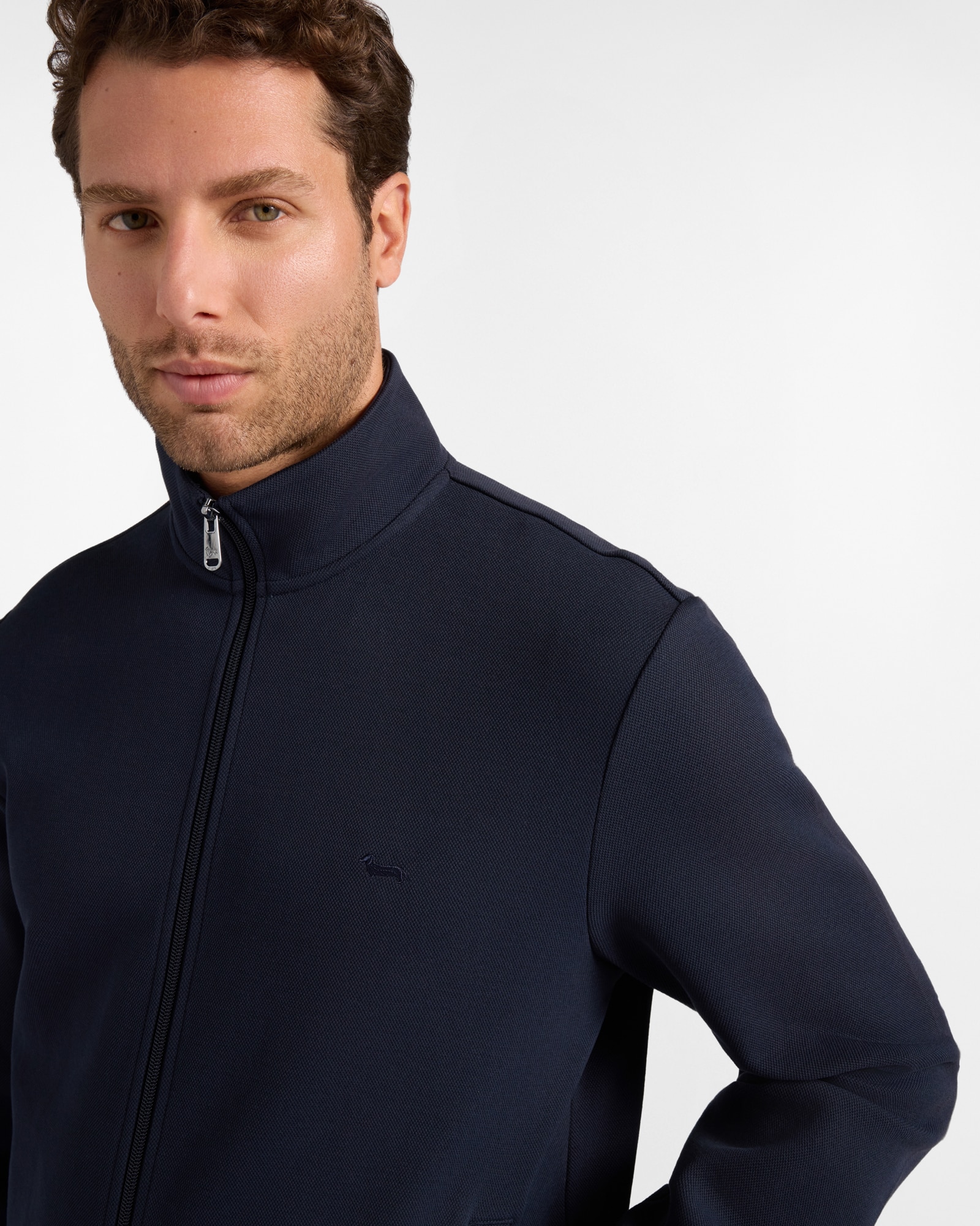 Sudadera de hombre con cremallera completa en piqué con acabado de rayas - Harmont&Blaine - Azul marino Azul marino-3