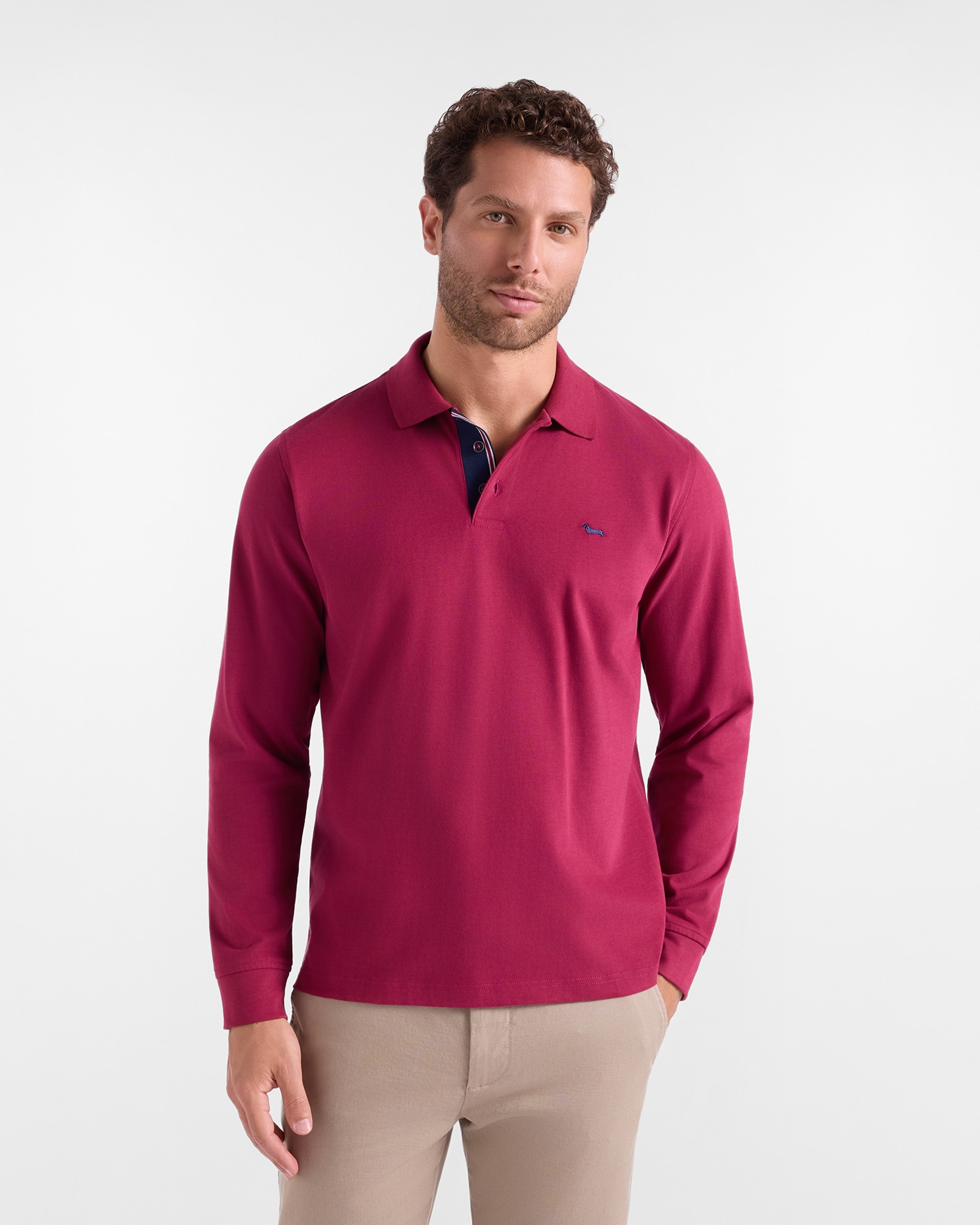 Polo de hombre de manga larga en punto cepillado de 100 % puro algodón - Harmont&Blaine - Rosa Rosa-1