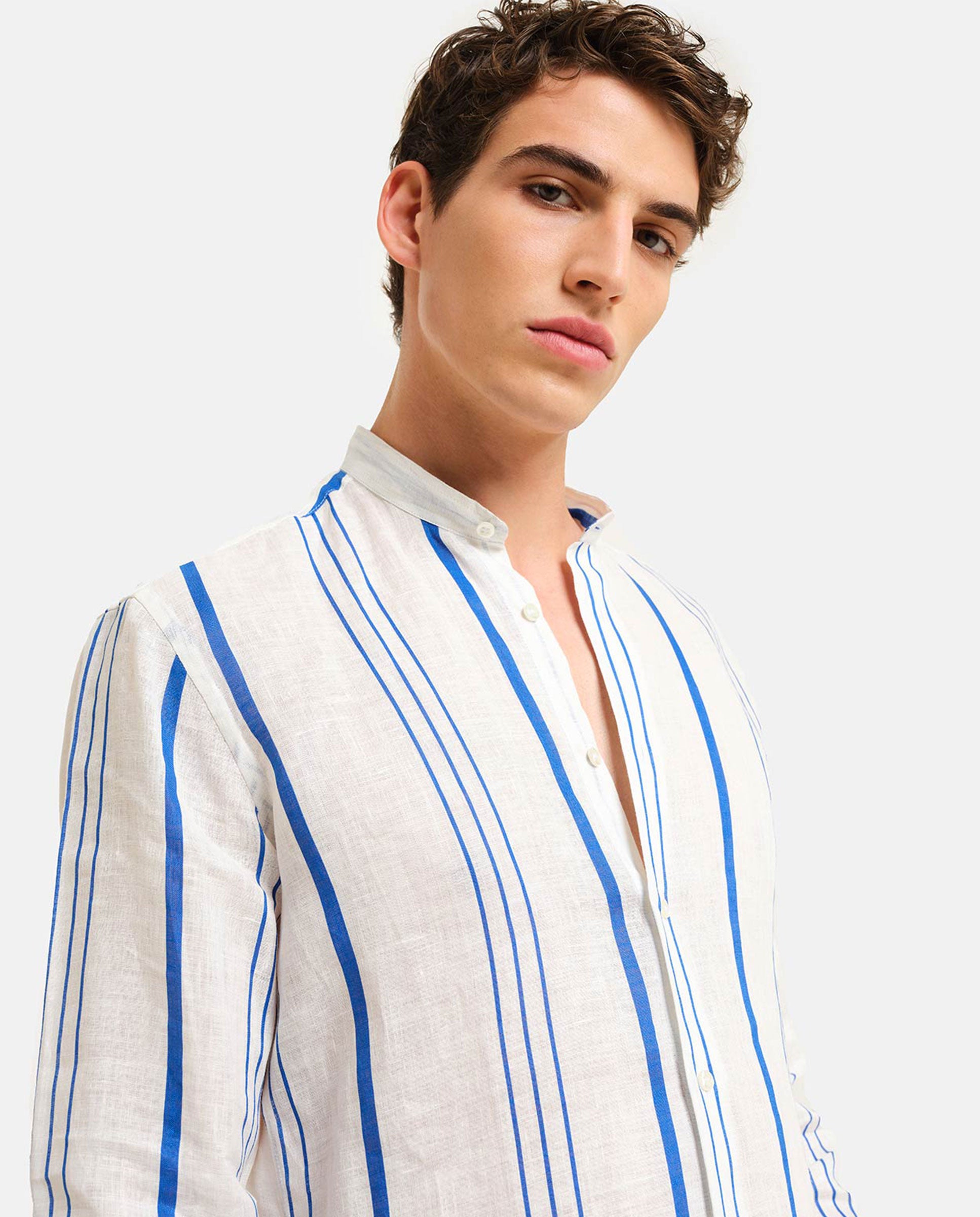 Camisa de lino de hombre classic de rayas en color - PENINSULA - Blanco Blanco-2
