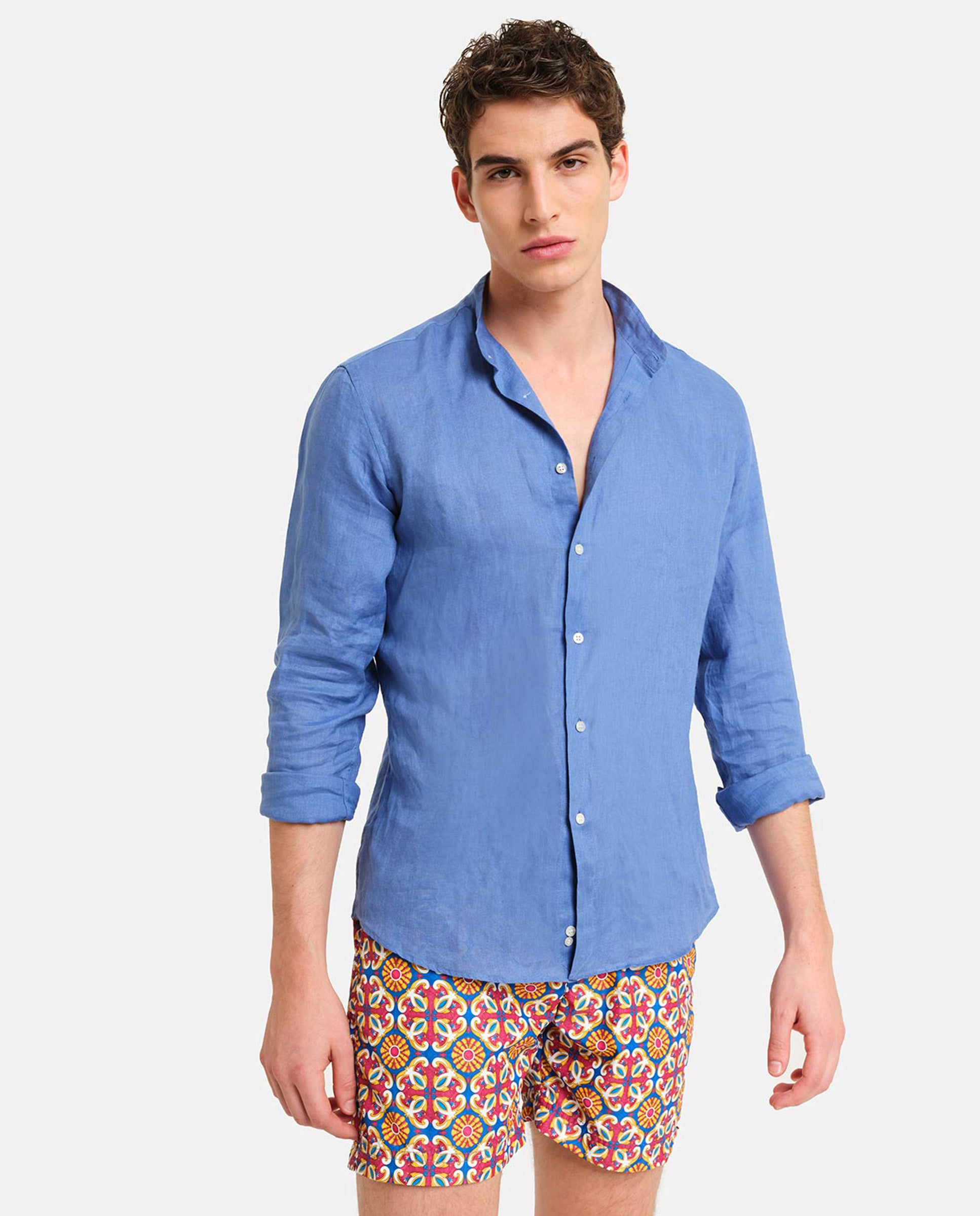 Camisa de lino de hombre classic lisa en color azul - PENINSULA - Azul índigo Azul índigo-1