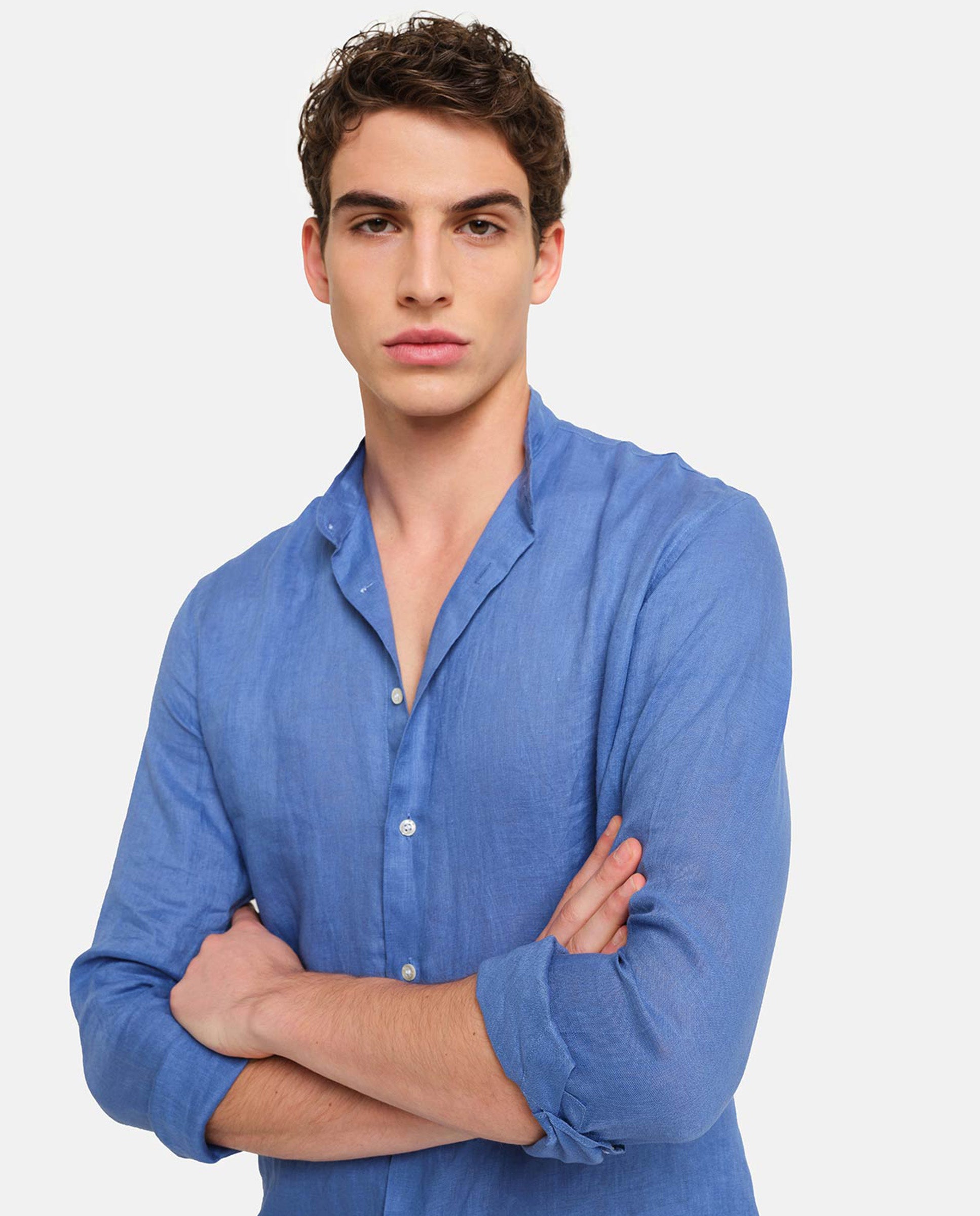 Camisa de lino de hombre classic lisa en color azul - PENINSULA - Azul índigo Azul índigo-2
