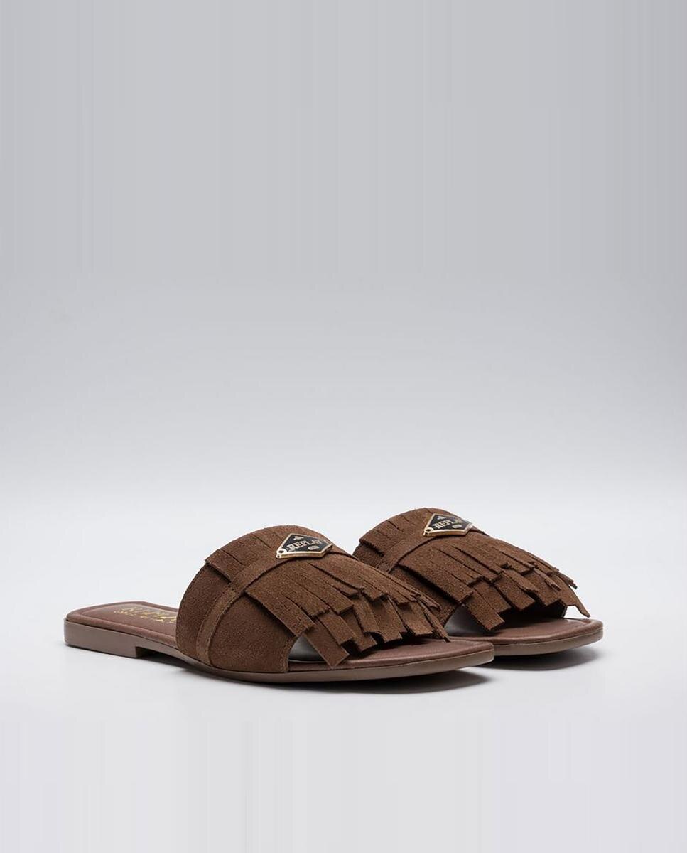 Sandalias de pala de mujer de piel con flecos - Replay - Marrón Marrón-3