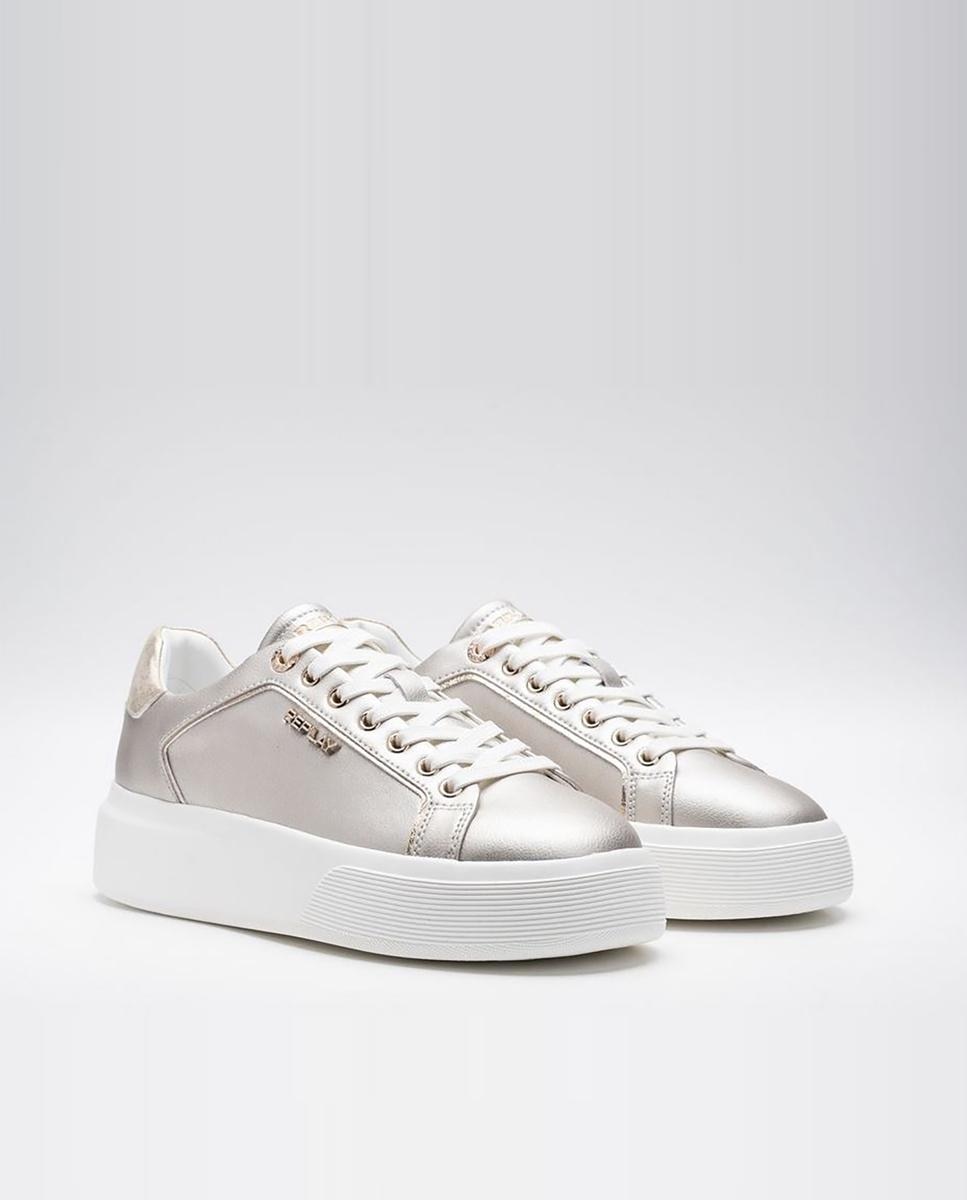 Zapatillas básicas de mujer de piel con cordones - Replay - Platino Platino-3