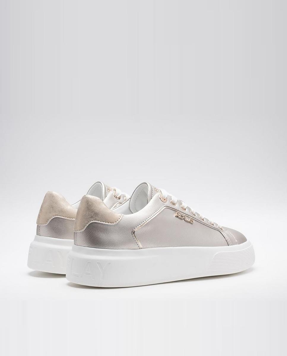 Zapatillas básicas de mujer de piel con cordones - Replay - Platino Platino-2