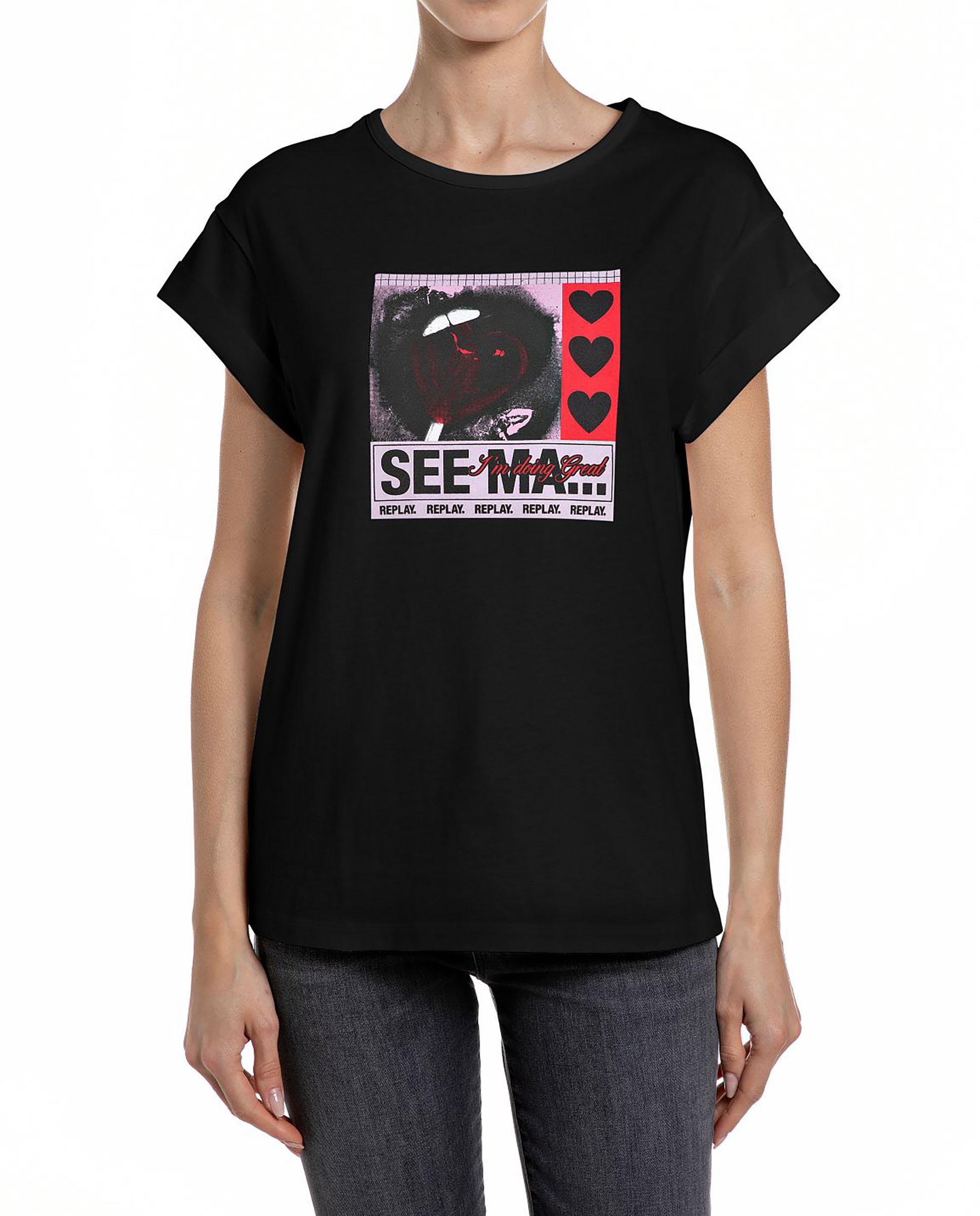 Camiseta de mujer de manga corta de algodón - Replay - Negro Negro-1