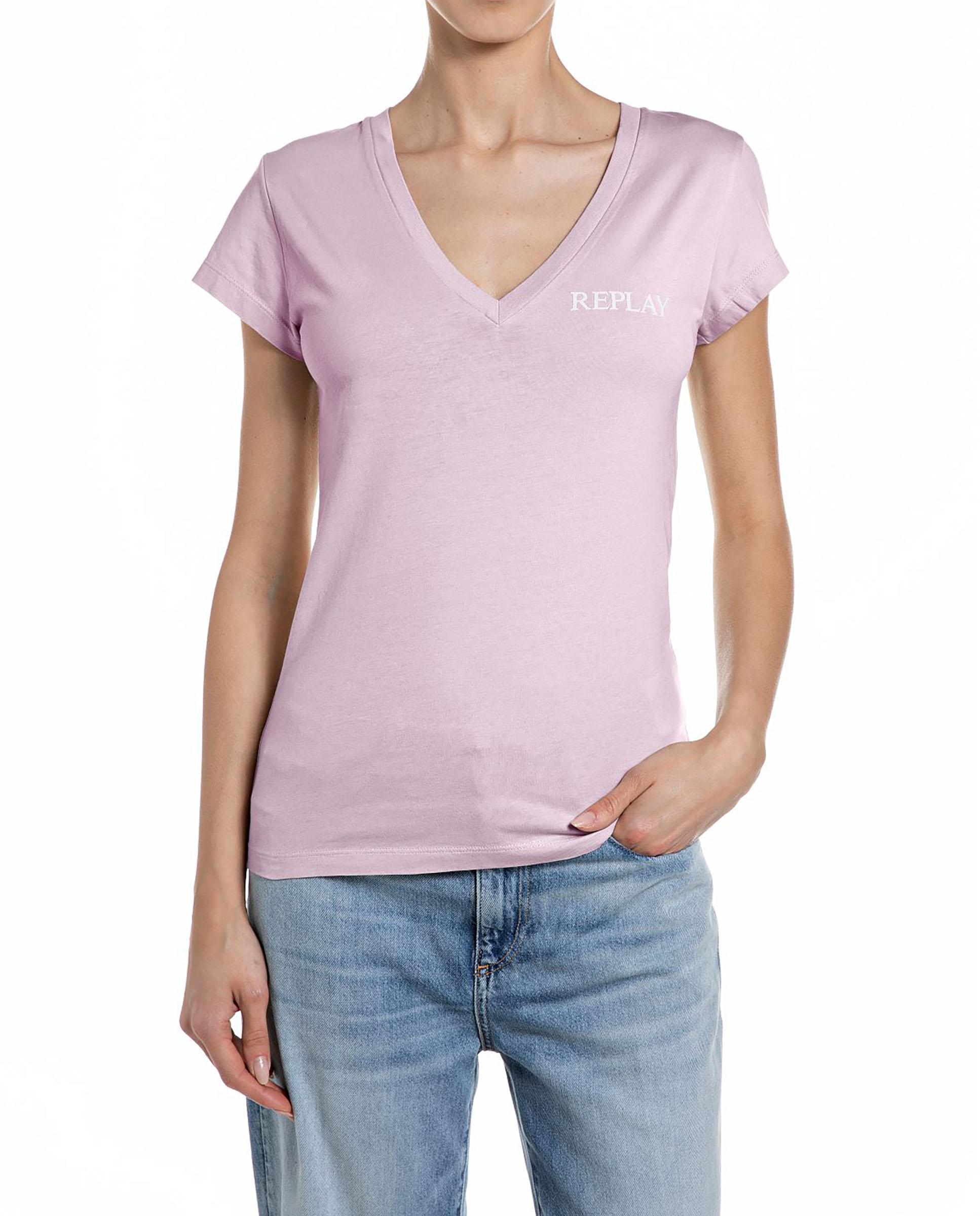 Camiseta de mujer de manga corta y cuello pico - Replay - Rosa Rosa-1