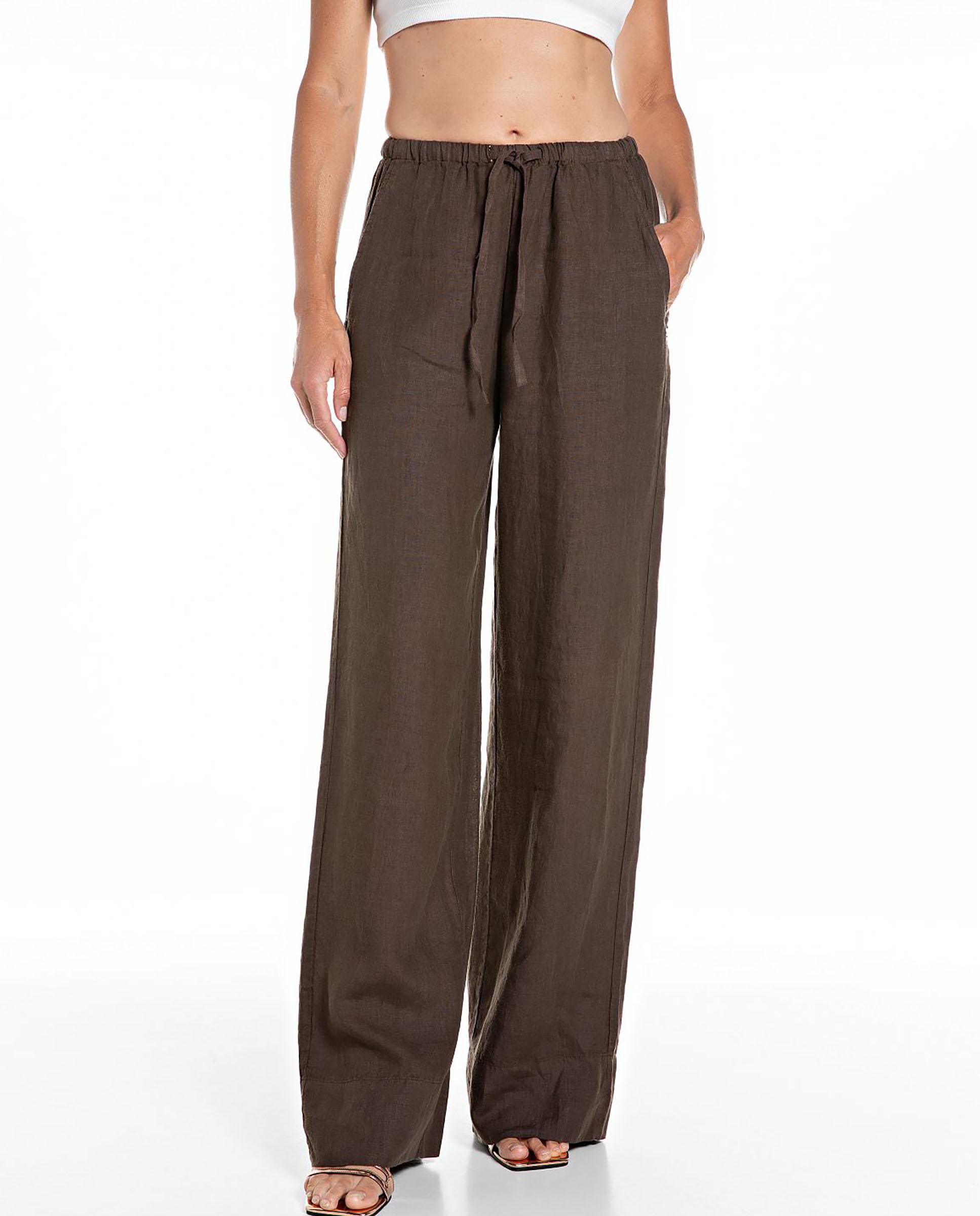Imagen 0 de Pantalón ancho de mujer de lino con cordón Marrón
