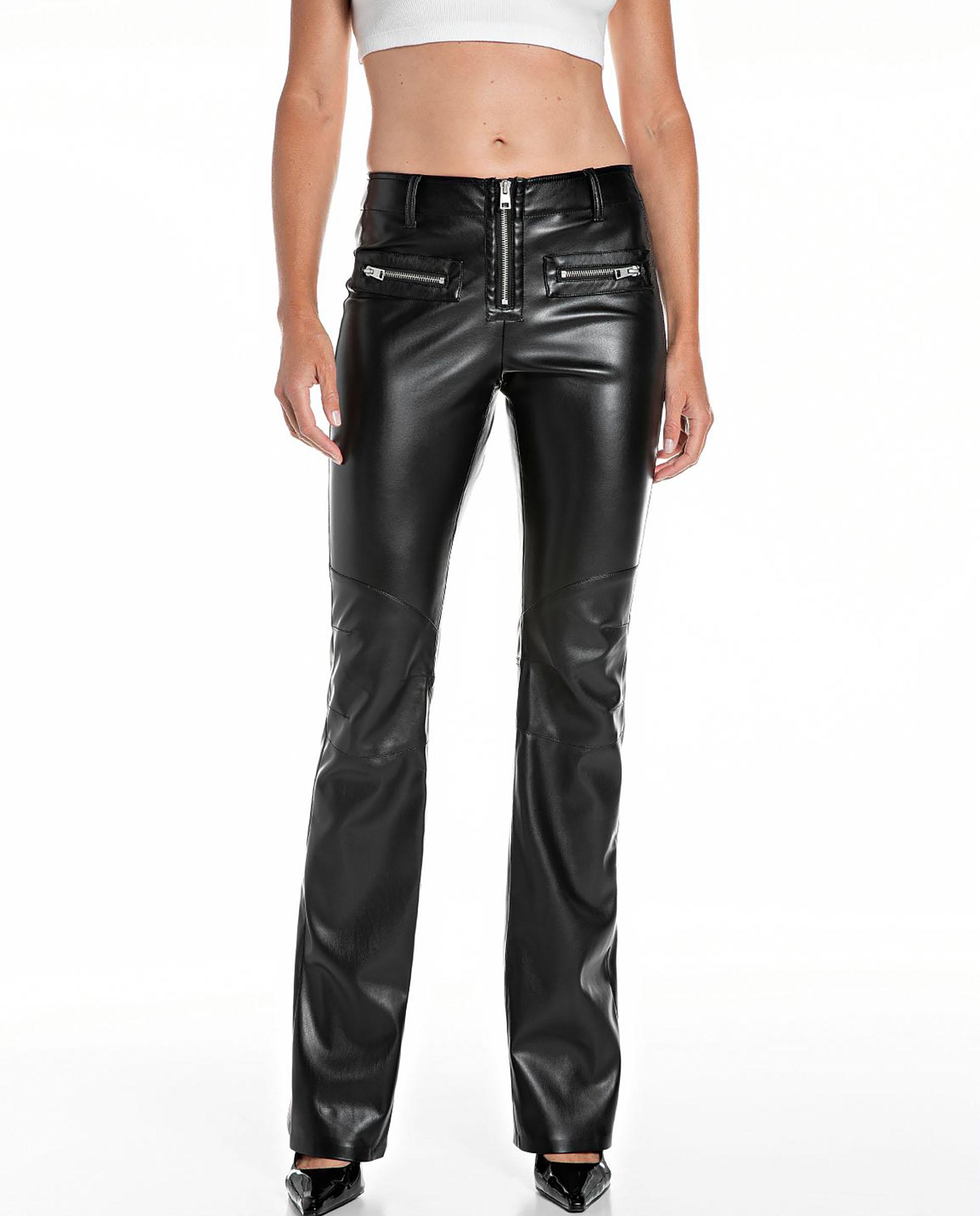 Imagen 0 de Pantalón recto de mujer efecto piel con cremalleras Negro