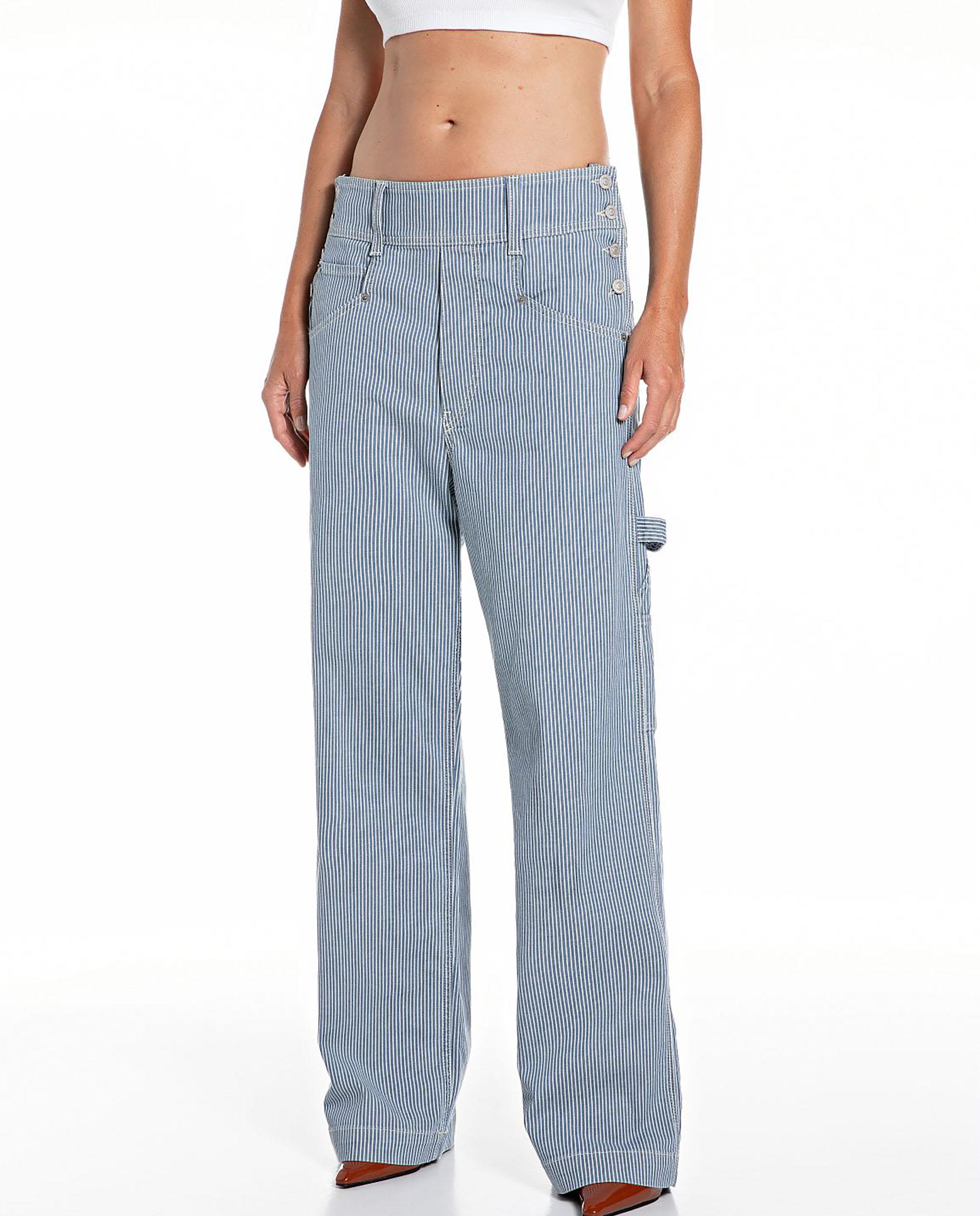 Pantalón recto de mujer de tiro medio con rayas - Replay - Azul Azul-1