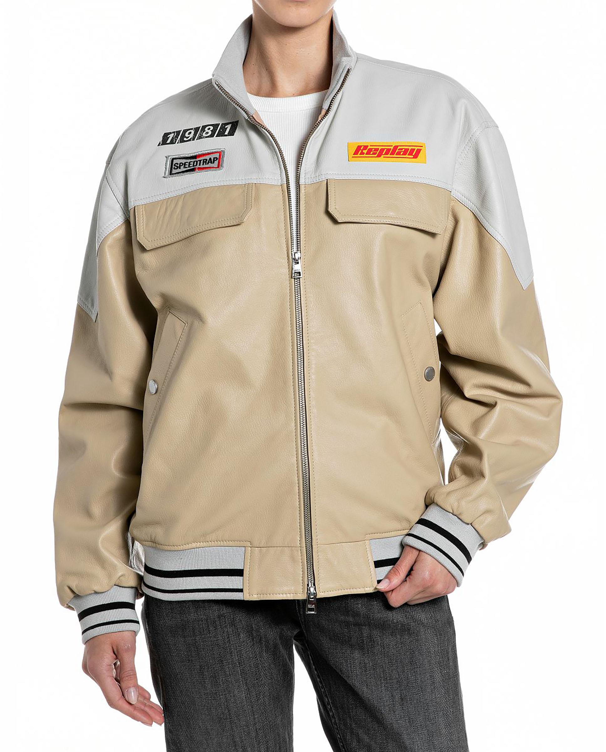 Cazadora de piel de mujer con puños a contraste - Replay - Beige Beige-1