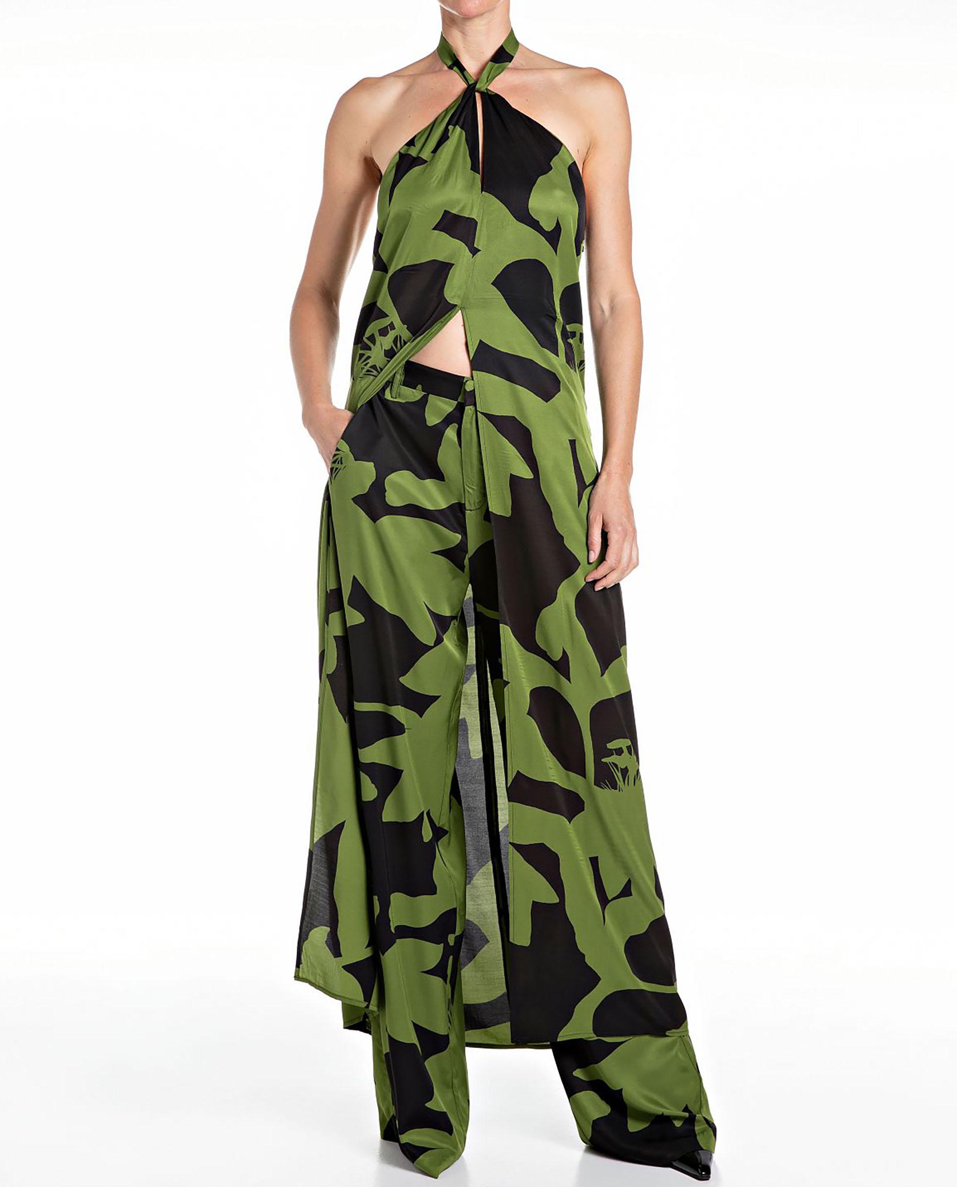 Vestido largo estampado con abertura frontal - Replay - Negro / Verde Negro / Verde-1