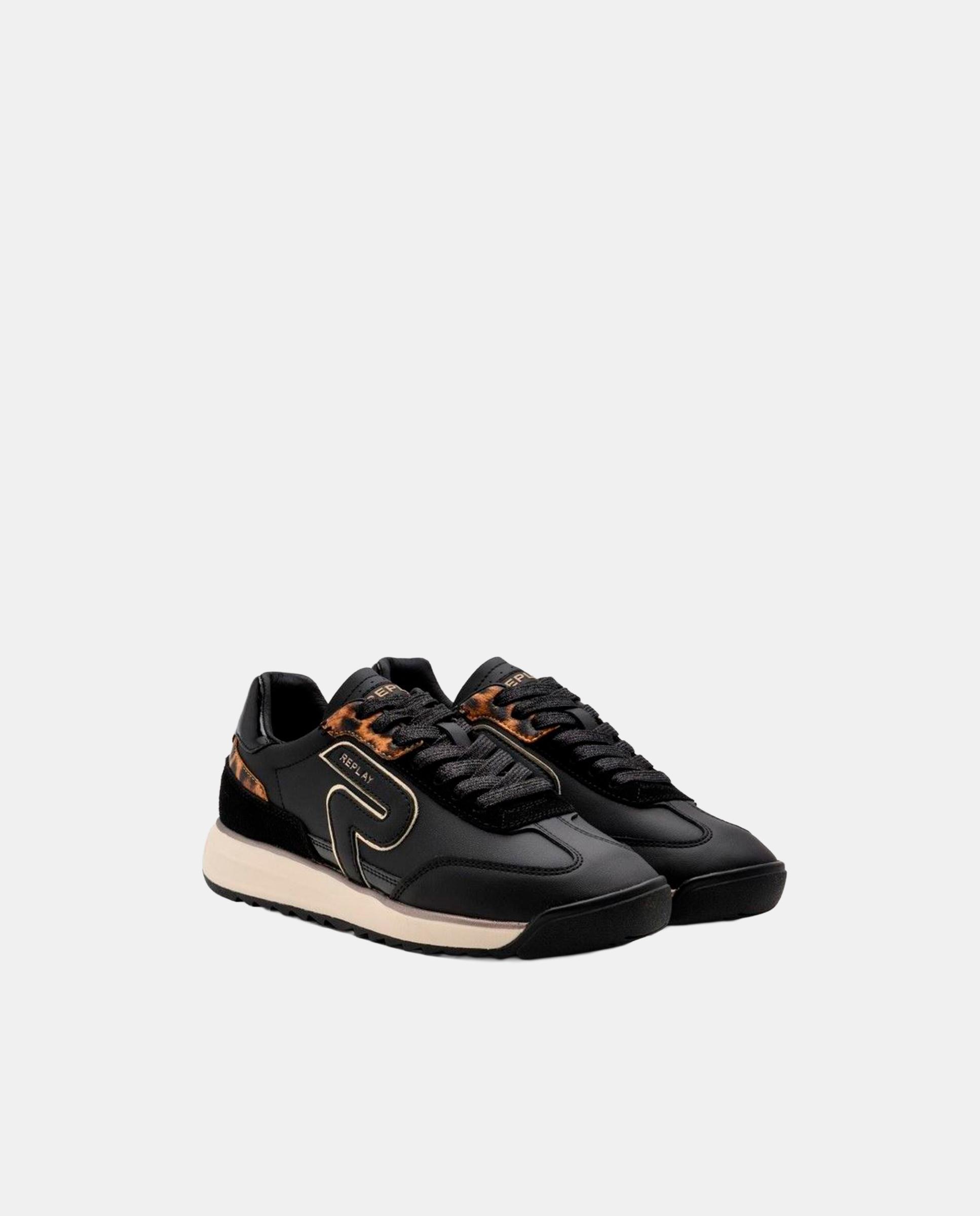 Zapatillas deportivas de mujer de piel con cordones - Replay - Negro Negro-3