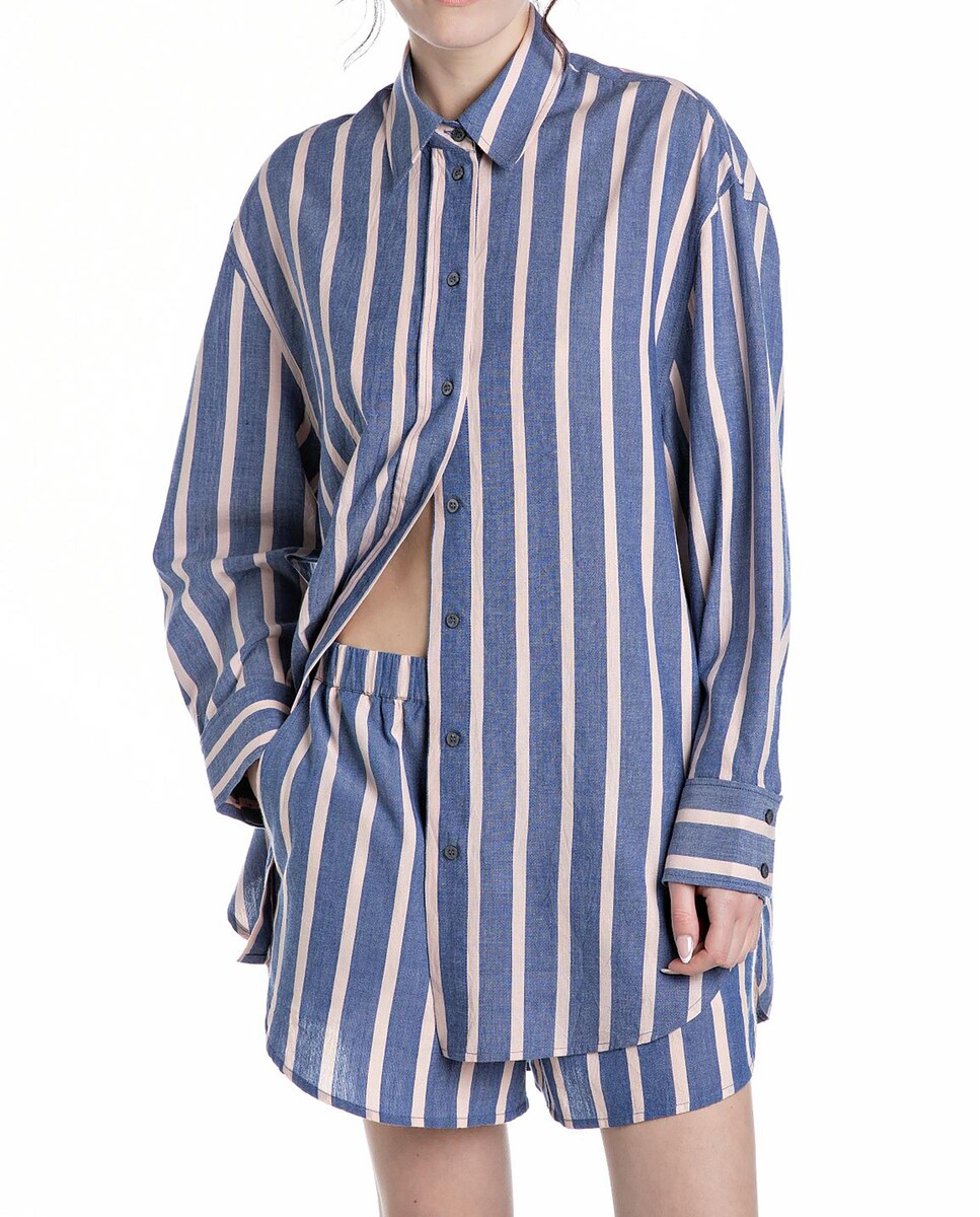 Camisa de mujer de algodón abotonada 36/S Azul Blanco