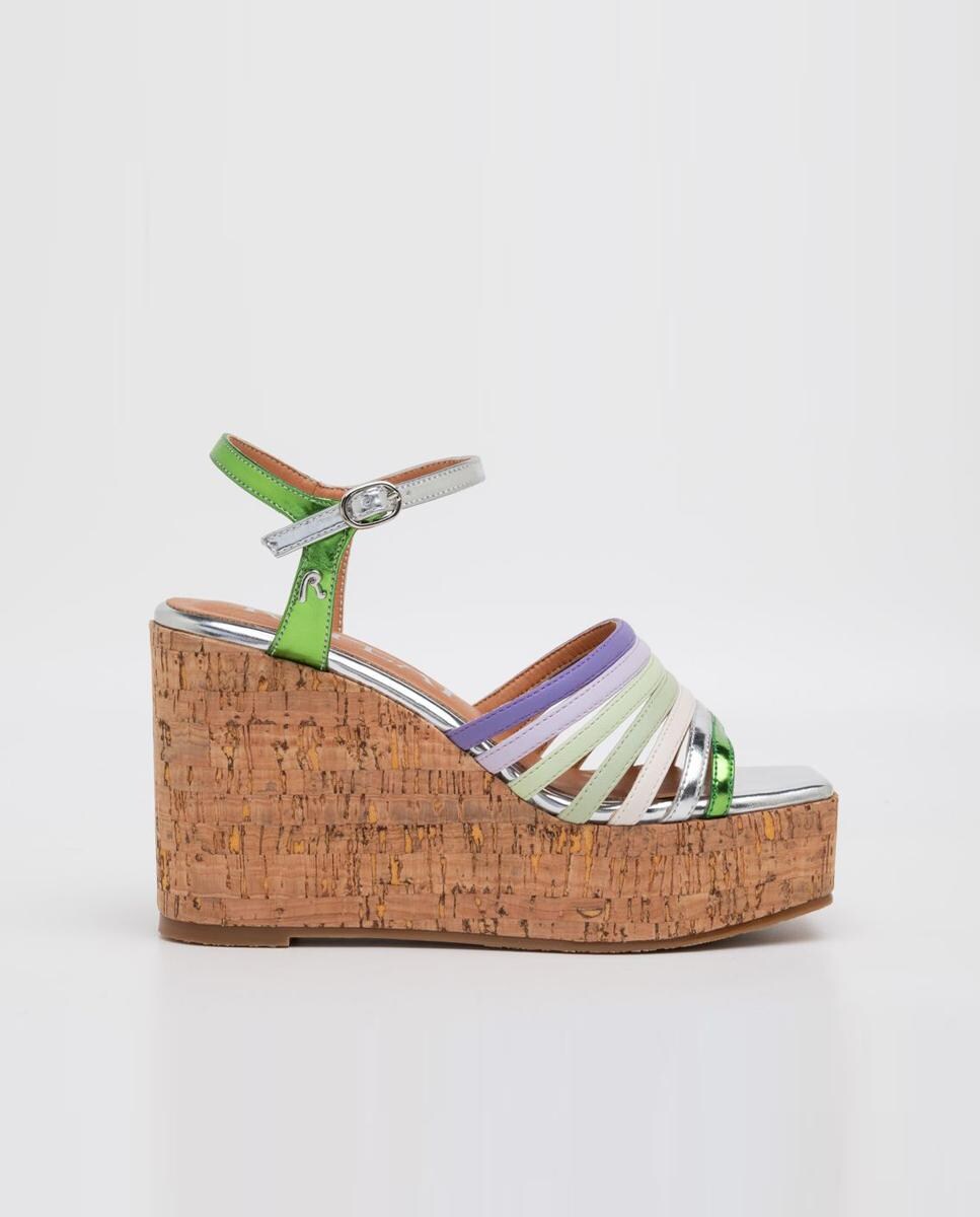 Sandalias de cuña de mujer de tiras finas y hebilla al tobillo