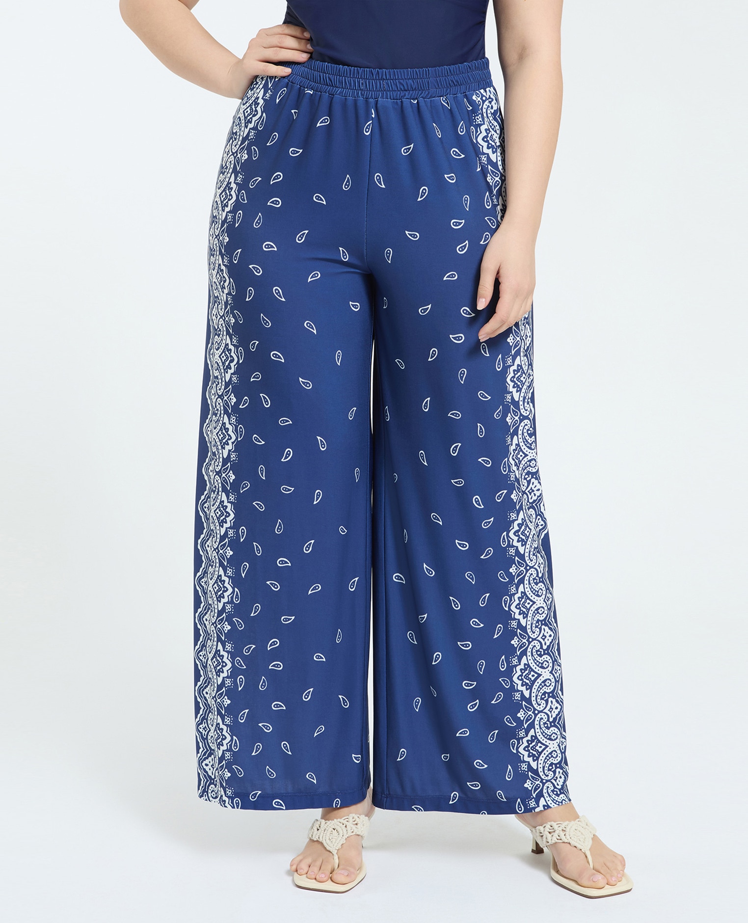 Pantalones de mujer wide leg estampado bandana ajuste ancho con cierre de banda elástica en la cintura para el máximo confort - Fiorella Rubino - Azul Azul-3