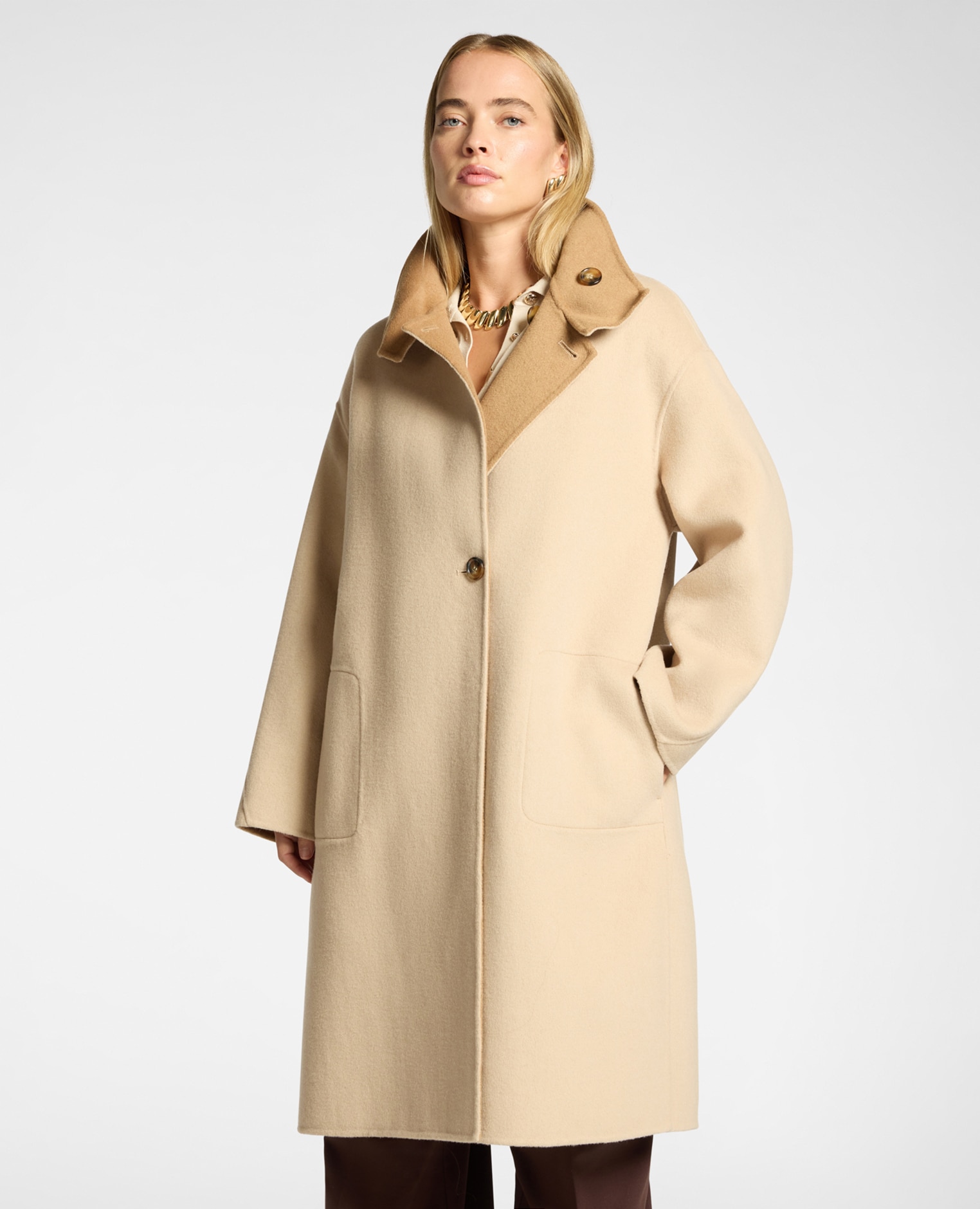 Abrigo de mujer en doble mezcla de lana cuello alto con cierre de botones ajuste regular - Elena Miró - Beige Beige-1