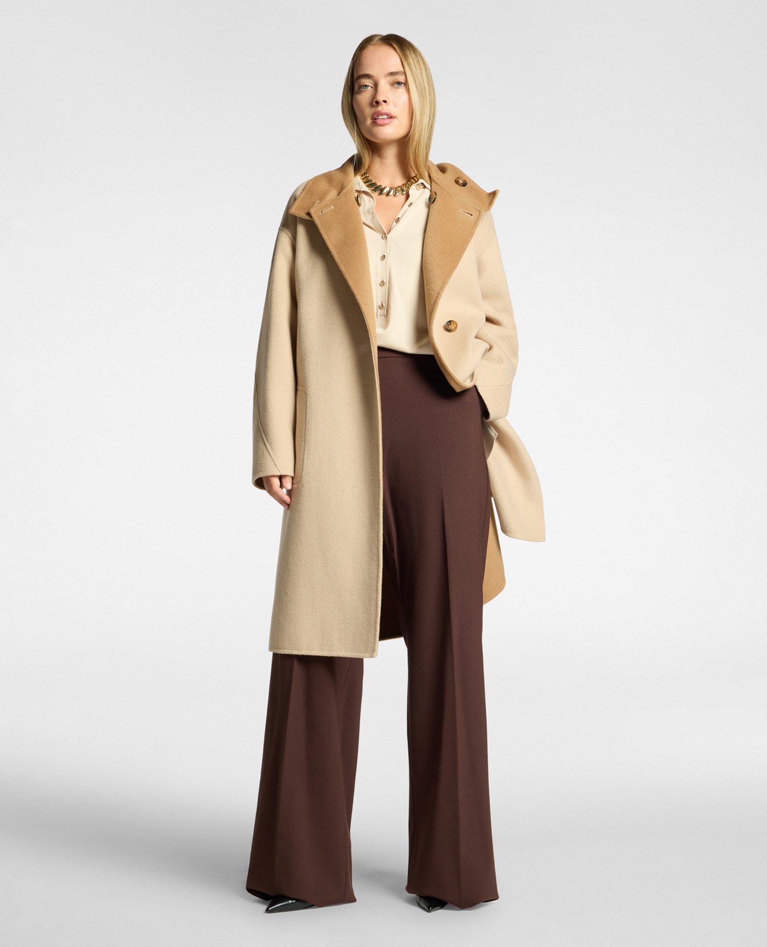 Abrigo de mujer en doble mezcla de lana cuello alto con cierre de botones ajuste regular - Elena Miró - Beige Beige-3