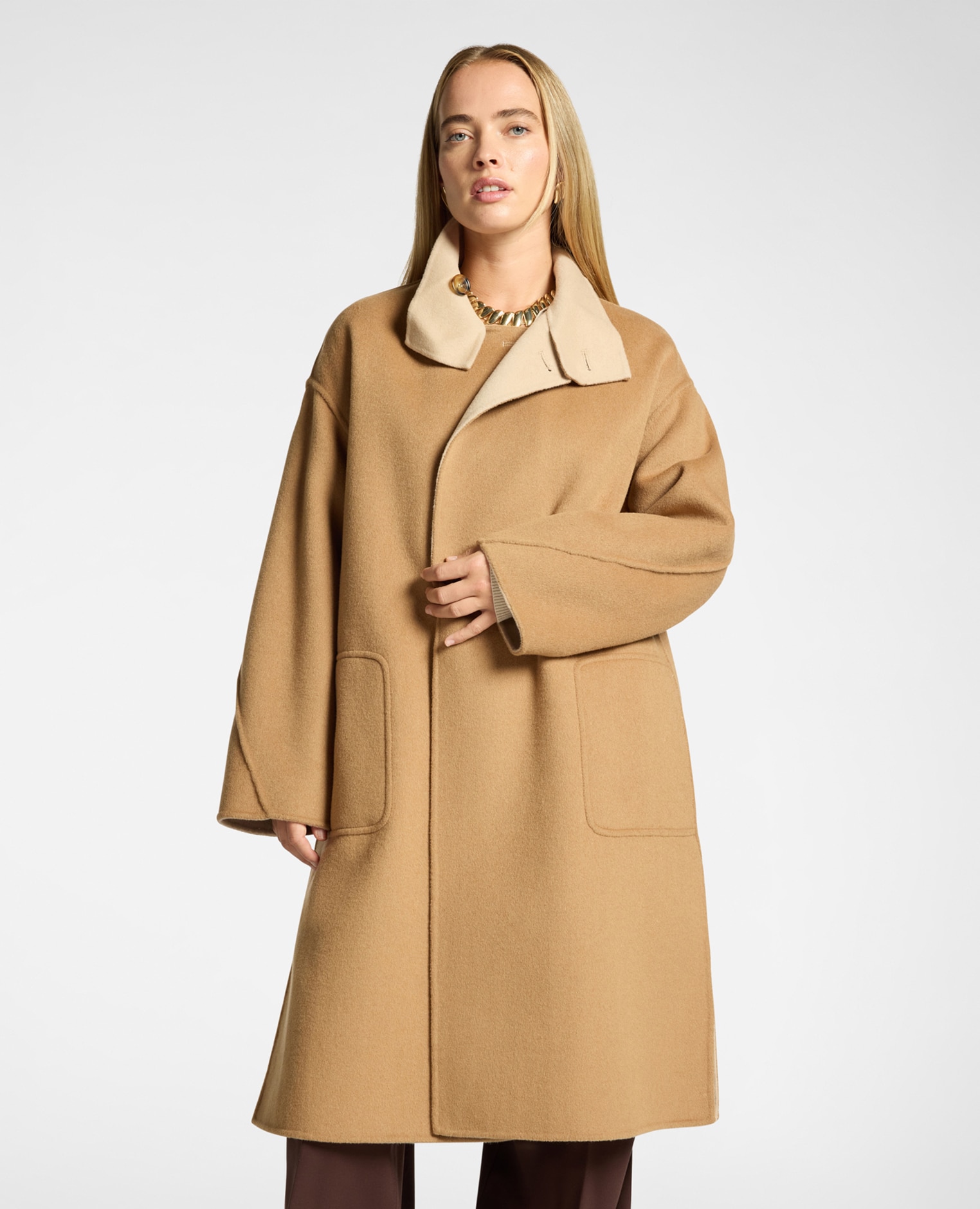 Abrigo de mujer en doble mezcla de lana cuello alto con cierre de botones ajuste regular - Elena Miró - Beige Beige-4