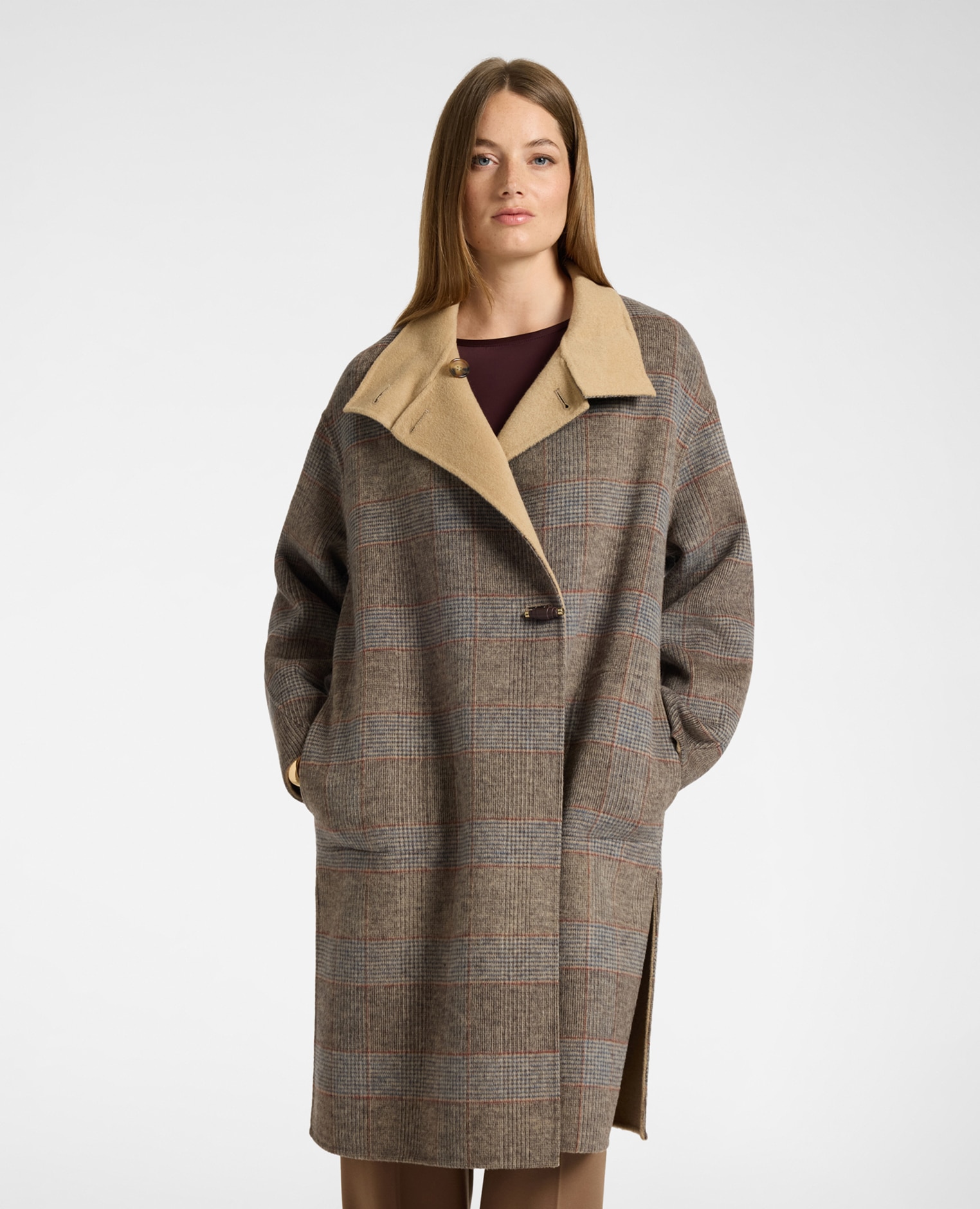 Abrigo de mujer mezcla de lana cuadros asimétrico modelo regular con cuello alto y cierre asimétrico con alamares - Elena Miró - Gris Gris-1