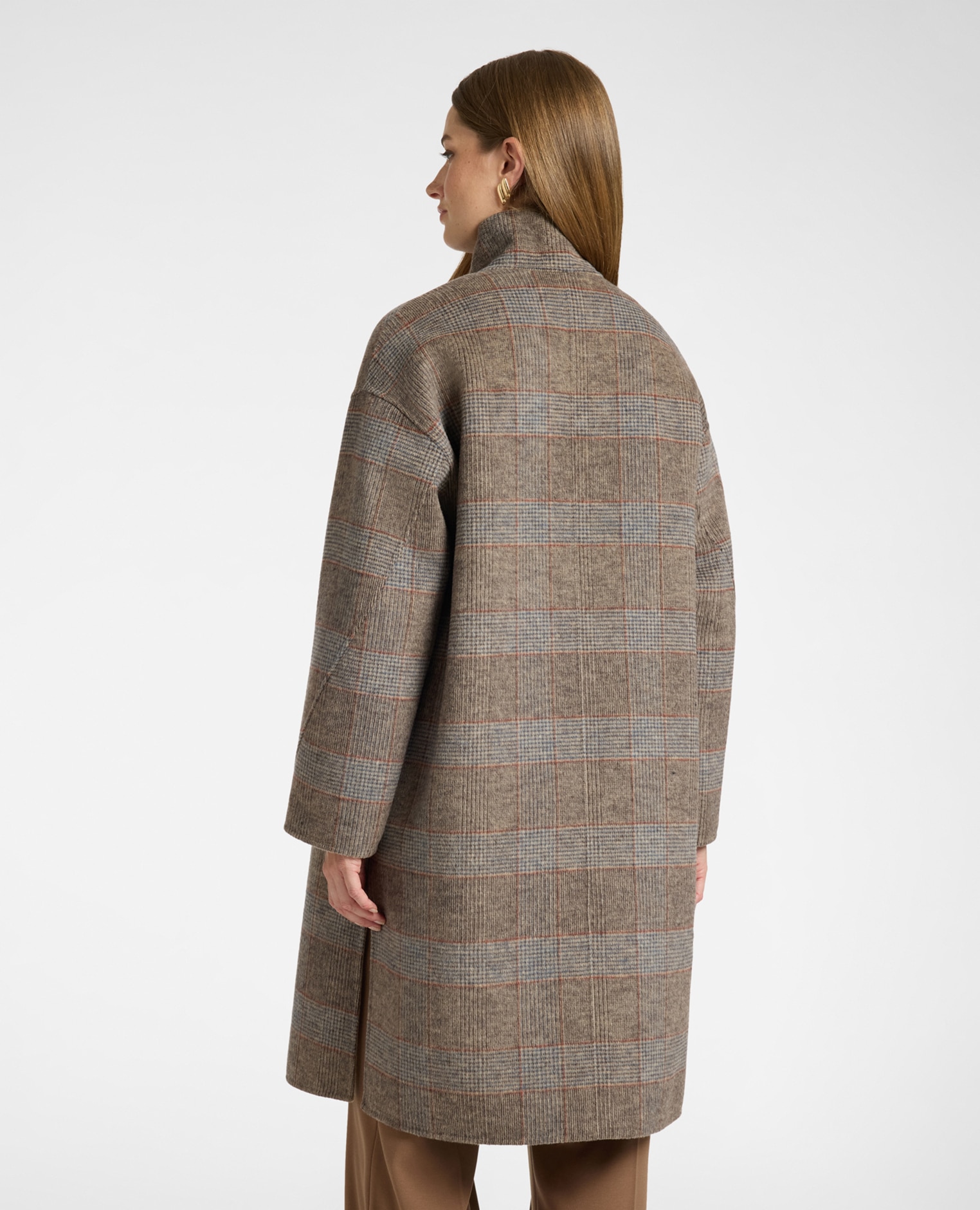 Abrigo de mujer mezcla de lana cuadros asimétrico modelo regular con cuello alto y cierre asimétrico con alamares - Elena Miró - Gris Gris-2