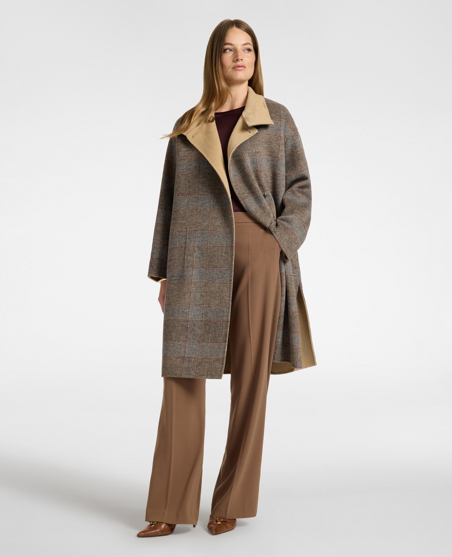Abrigo de mujer mezcla de lana cuadros asimétrico modelo regular con cuello alto y cierre asimétrico con alamares - Elena Miró - Gris Gris-3
