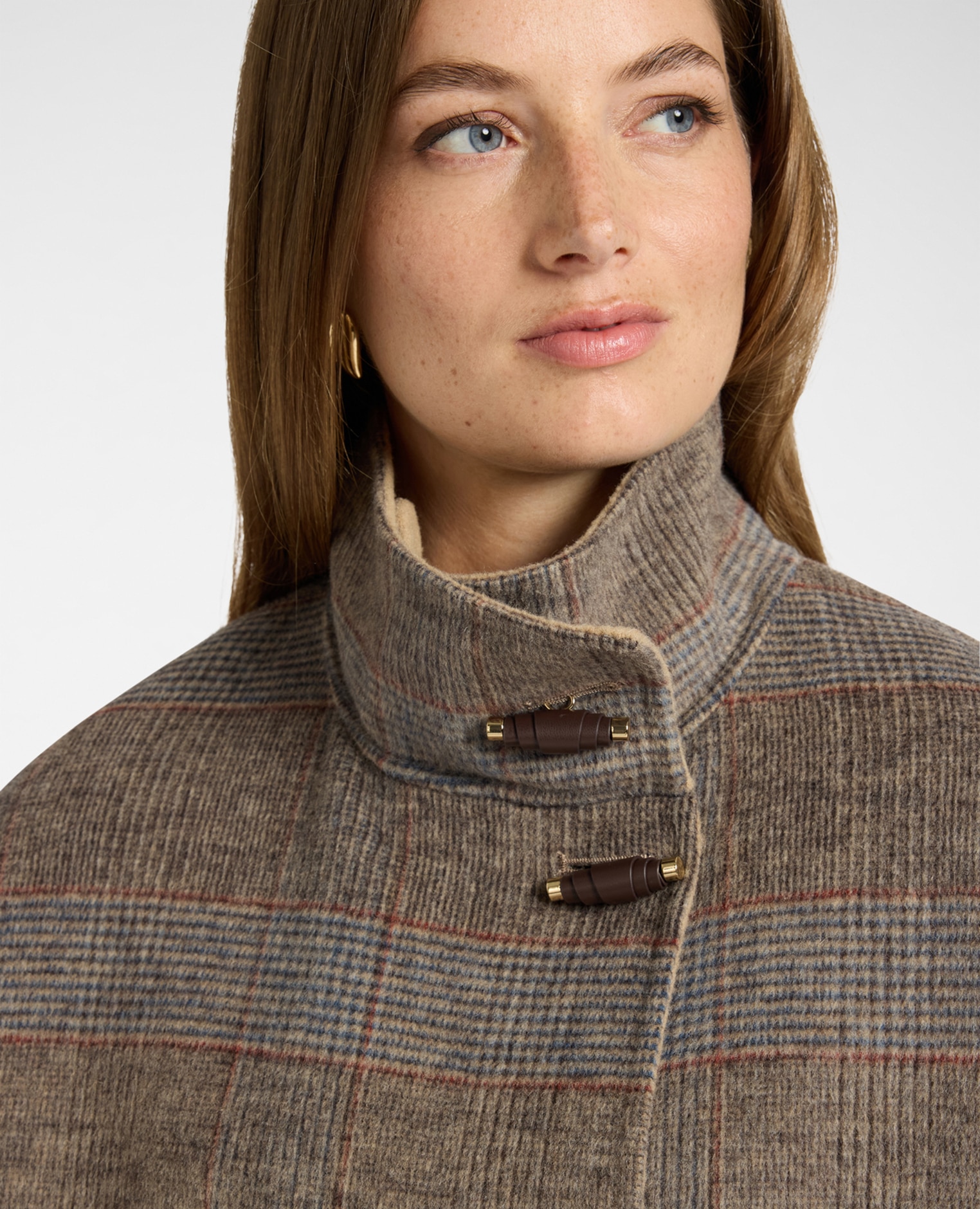 Abrigo de mujer mezcla de lana cuadros asimétrico modelo regular con cuello alto y cierre asimétrico con alamares - Elena Miró - Gris Gris-4