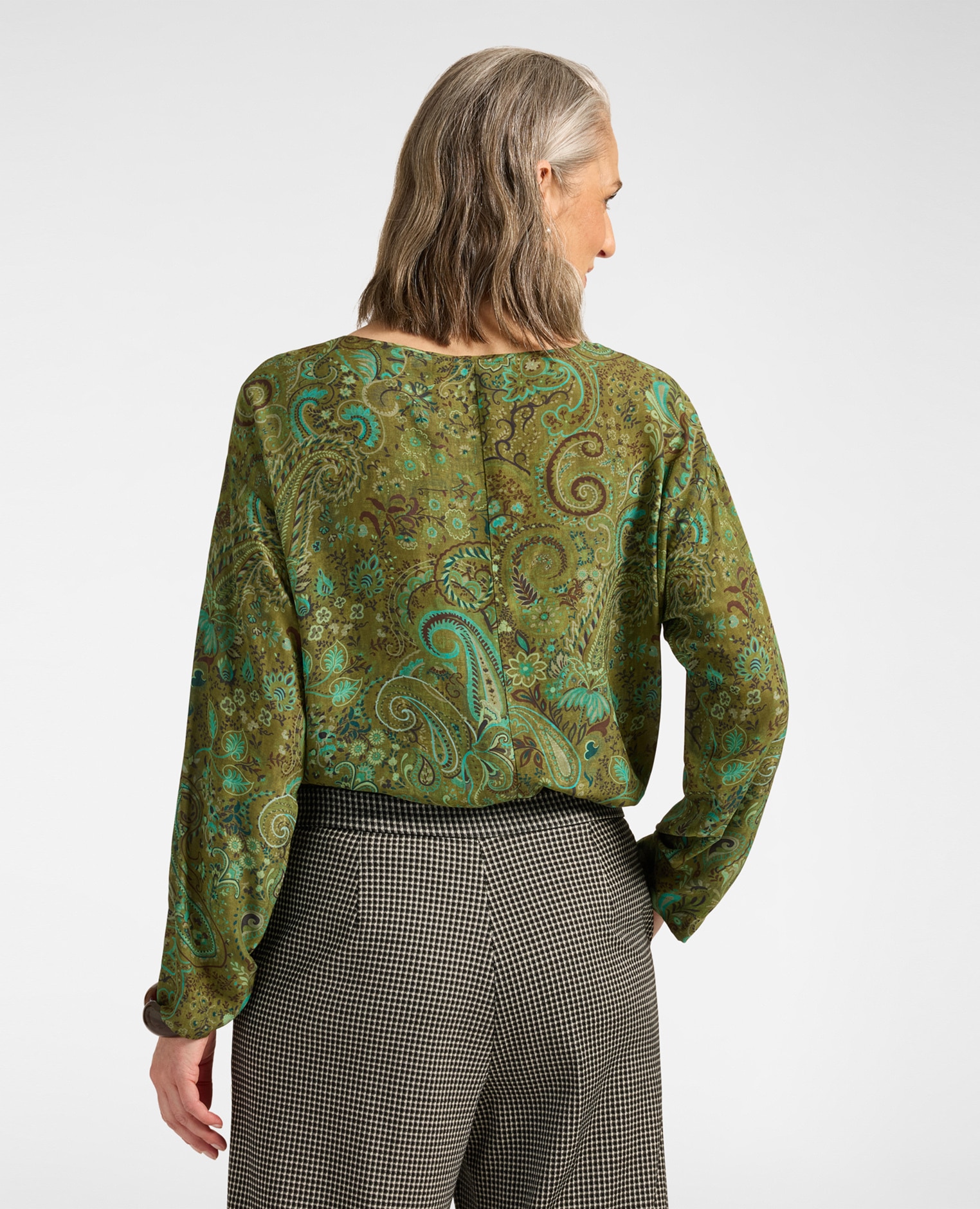 Blusa de mujer de viscosa estampada paisley ajuste boxy cierre posterior con abertura y botón - Elena Miró - Verde Verde-2