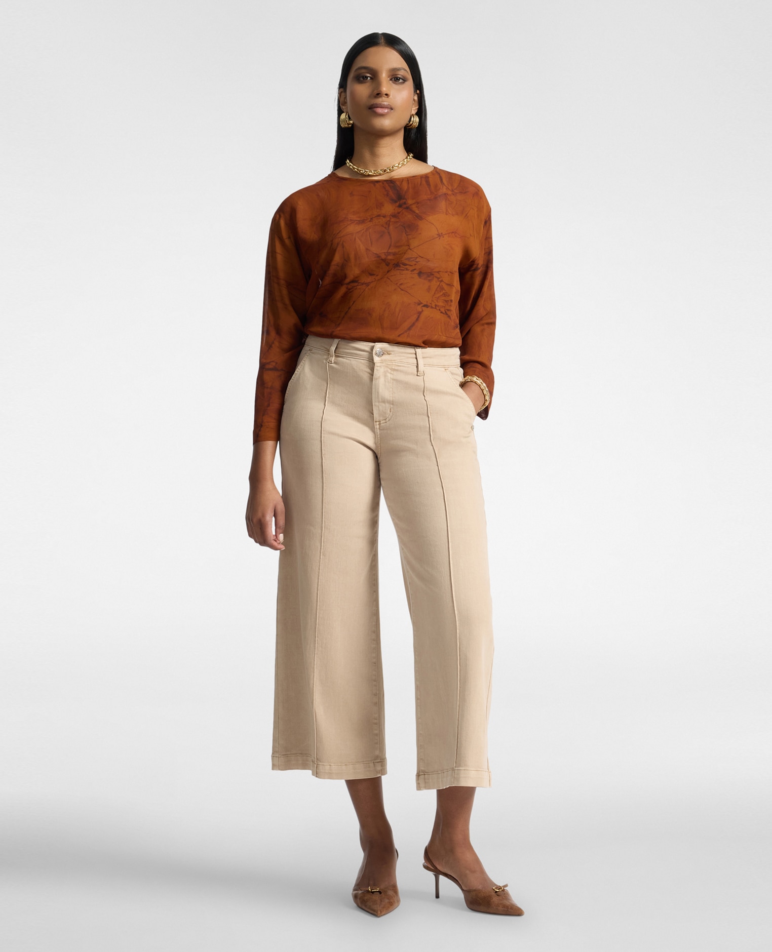 Blusa de mujer de georgette estampada ajuste boxy cierre con botones - Elena Miró - Naranja Naranja-3