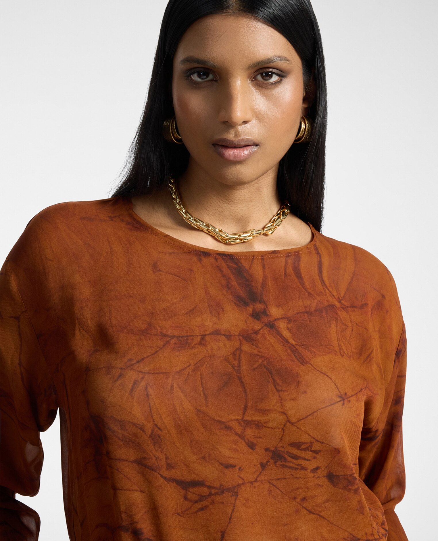 Blusa de mujer de georgette estampada ajuste boxy cierre con botones - Elena Miró - Naranja Naranja-4