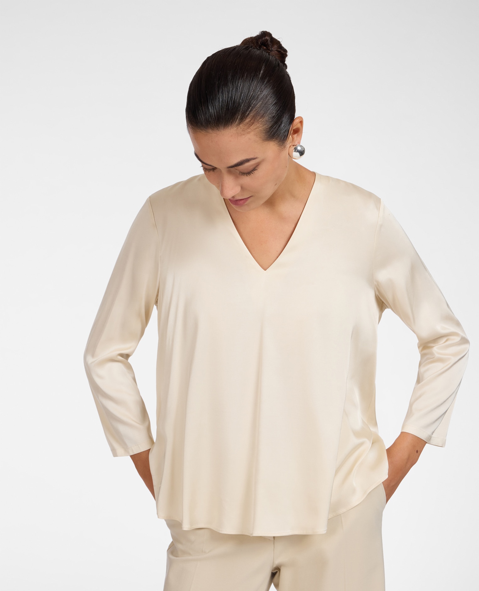 Blusa de mujer de satén de viscosa elástica ajuste evasé sin cierre - Elena Miró - Beige Beige-1