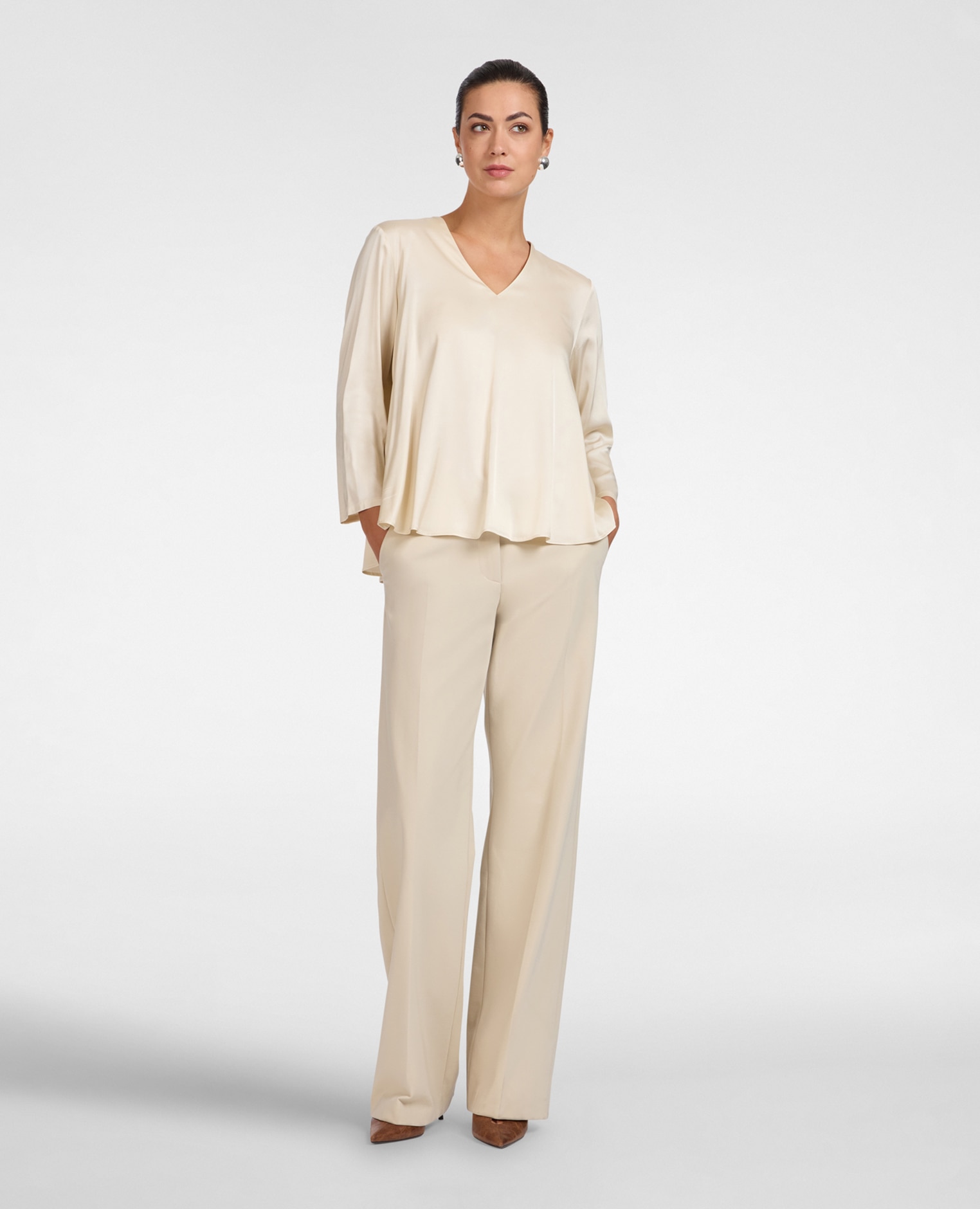 Blusa de mujer de satén de viscosa elástica ajuste evasé sin cierre - Elena Miró - Beige Beige-4