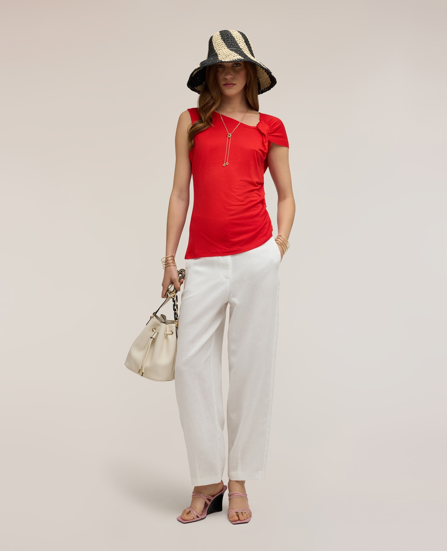 Top de mujer asimétrico con drapeado escote asimétrico con drapeado lateral - Motivi - Rojo Rojo-3
