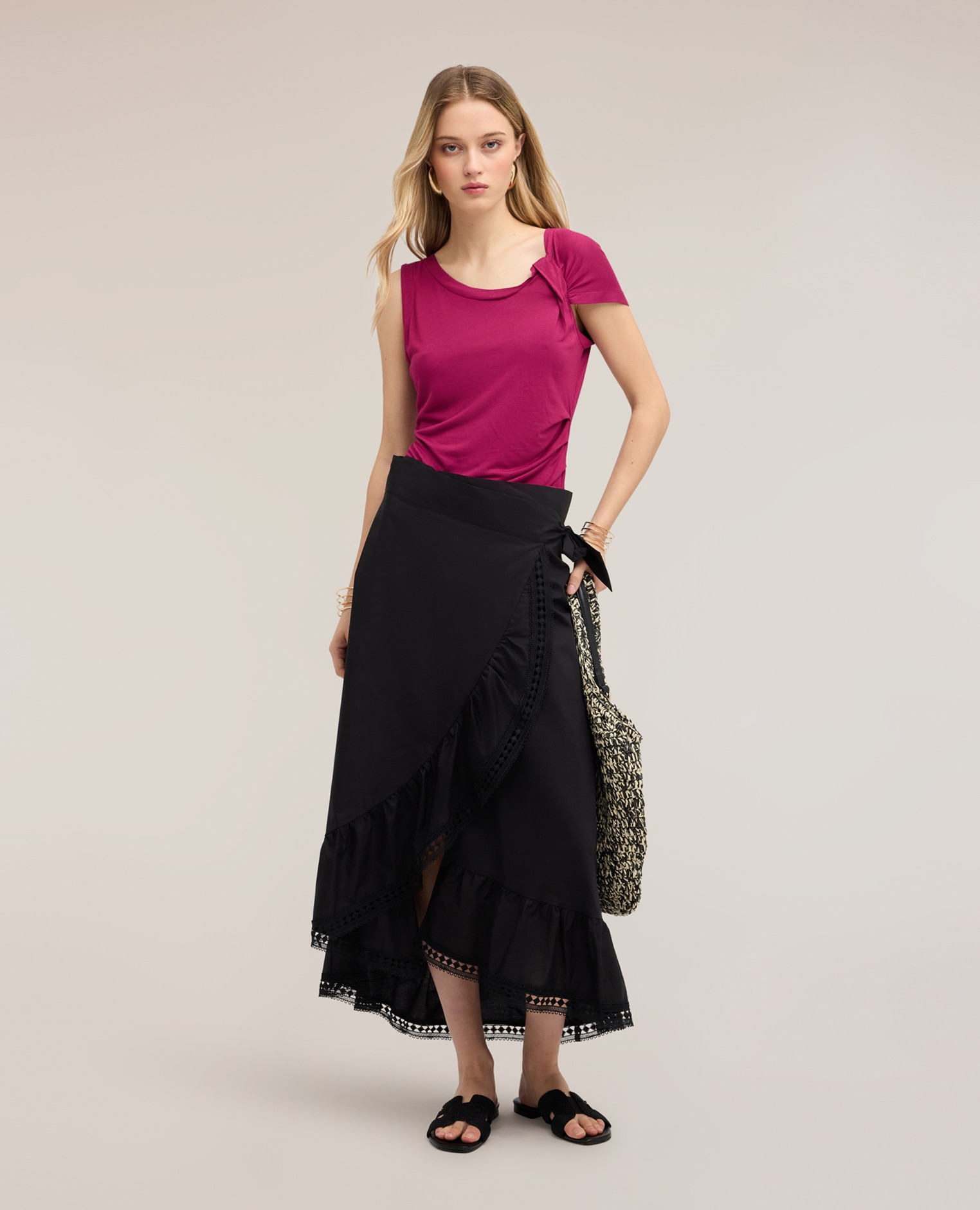 Top de mujer asimétrico con drapeado escote asimétrico con drapeado lateral - Motivi - Fucsia Fucsia-3