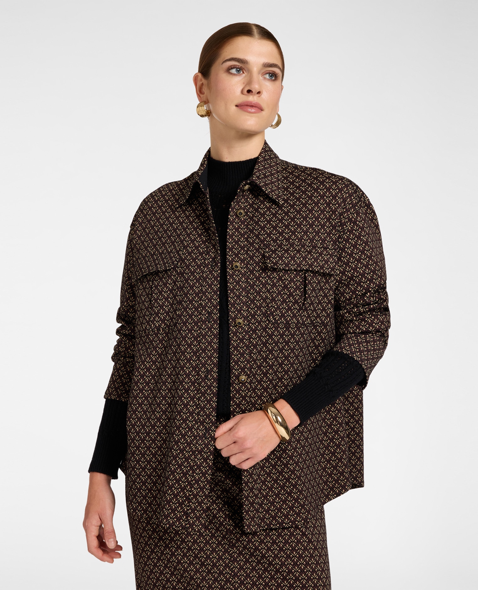 Camisa de mujer overshirt jacquard ajuste oversize largo medio con cierre de botones - Elena Miró - Negro Negro-1