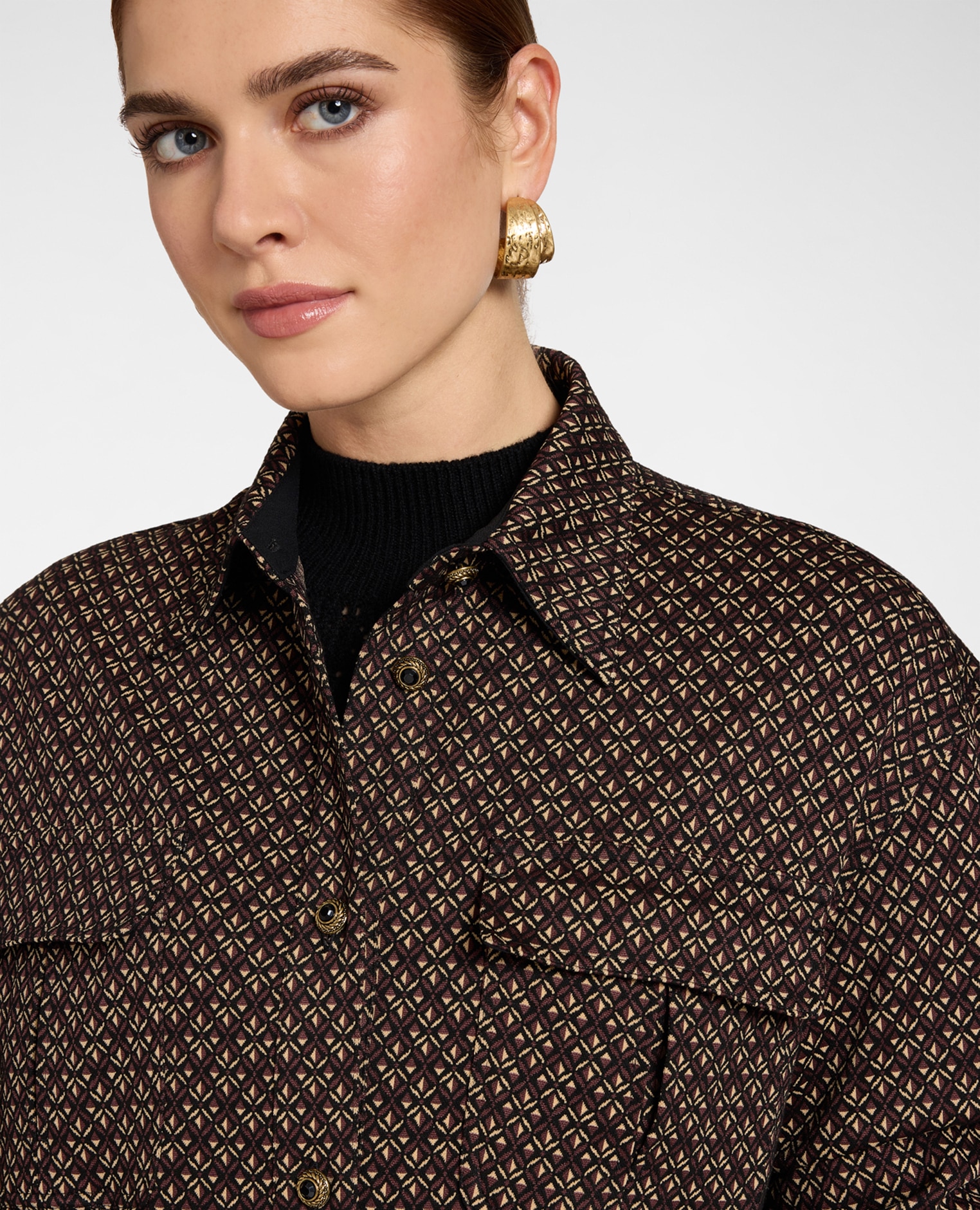 Camisa de mujer overshirt jacquard ajuste oversize largo medio con cierre de botones - Elena Miró - Negro Negro-4