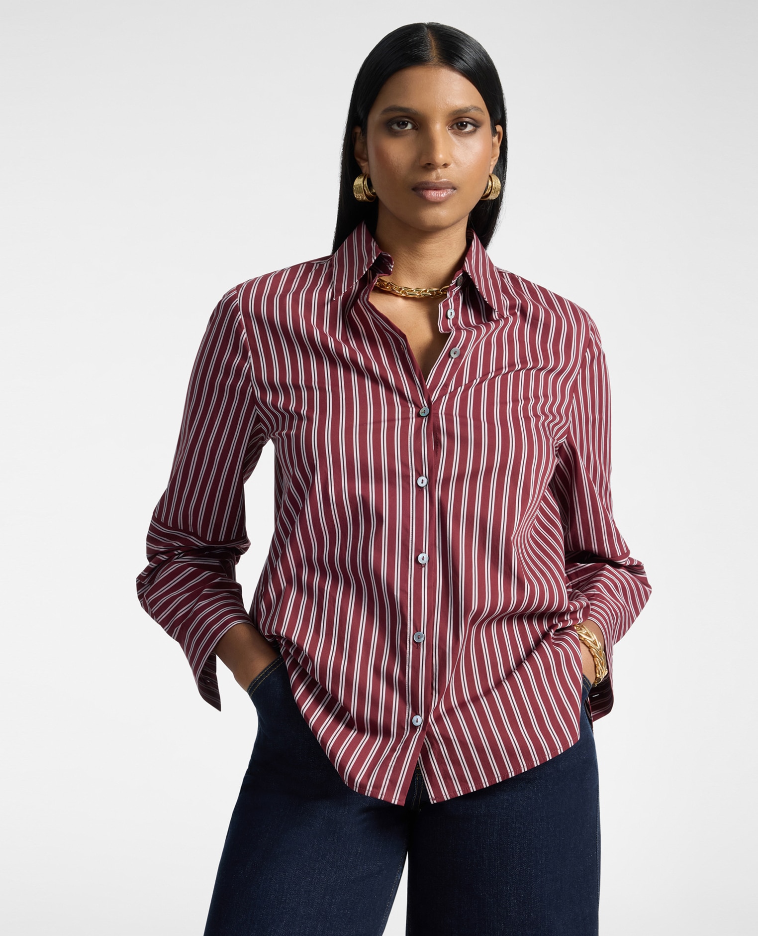 Camisa de mujer de mezcla de algodón a rayas ajuste oversize cierre con botones - Elena Miró - Burdeos Burdeos-1