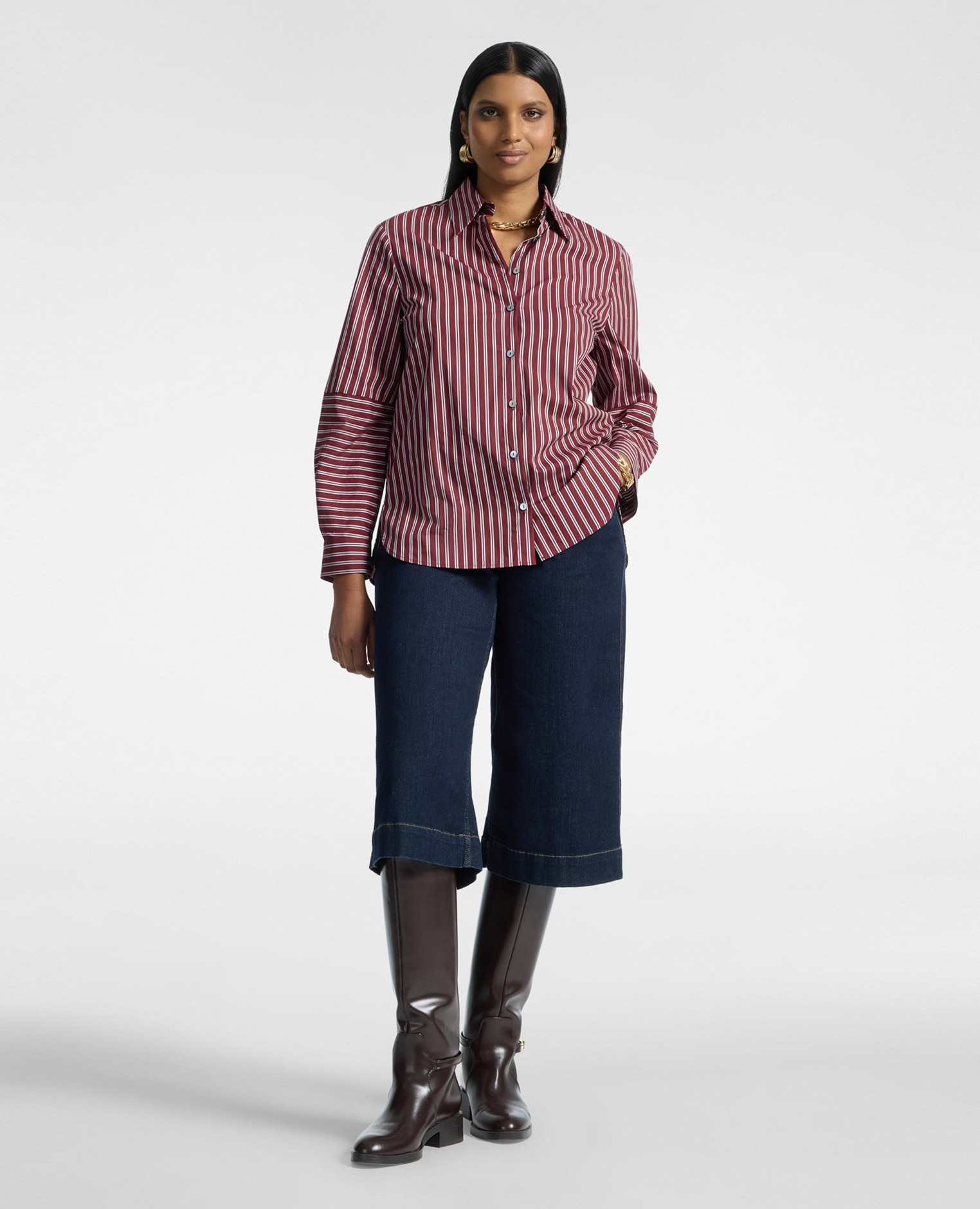 Camisa de mujer de mezcla de algodón a rayas ajuste oversize cierre con botones - Elena Miró - Burdeos Burdeos-3