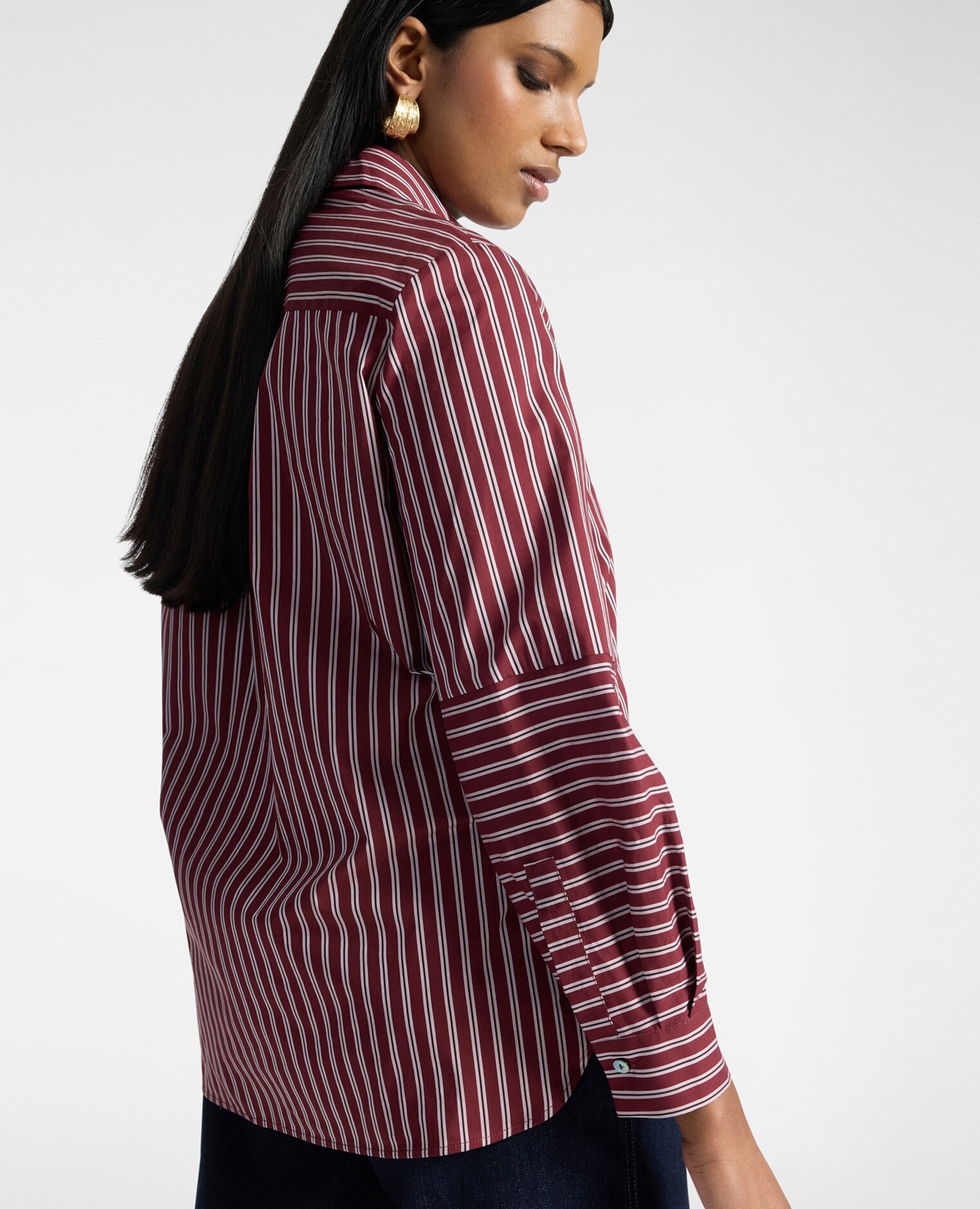 Camisa de mujer de mezcla de algodón a rayas ajuste oversize cierre con botones - Elena Miró - Burdeos Burdeos-4