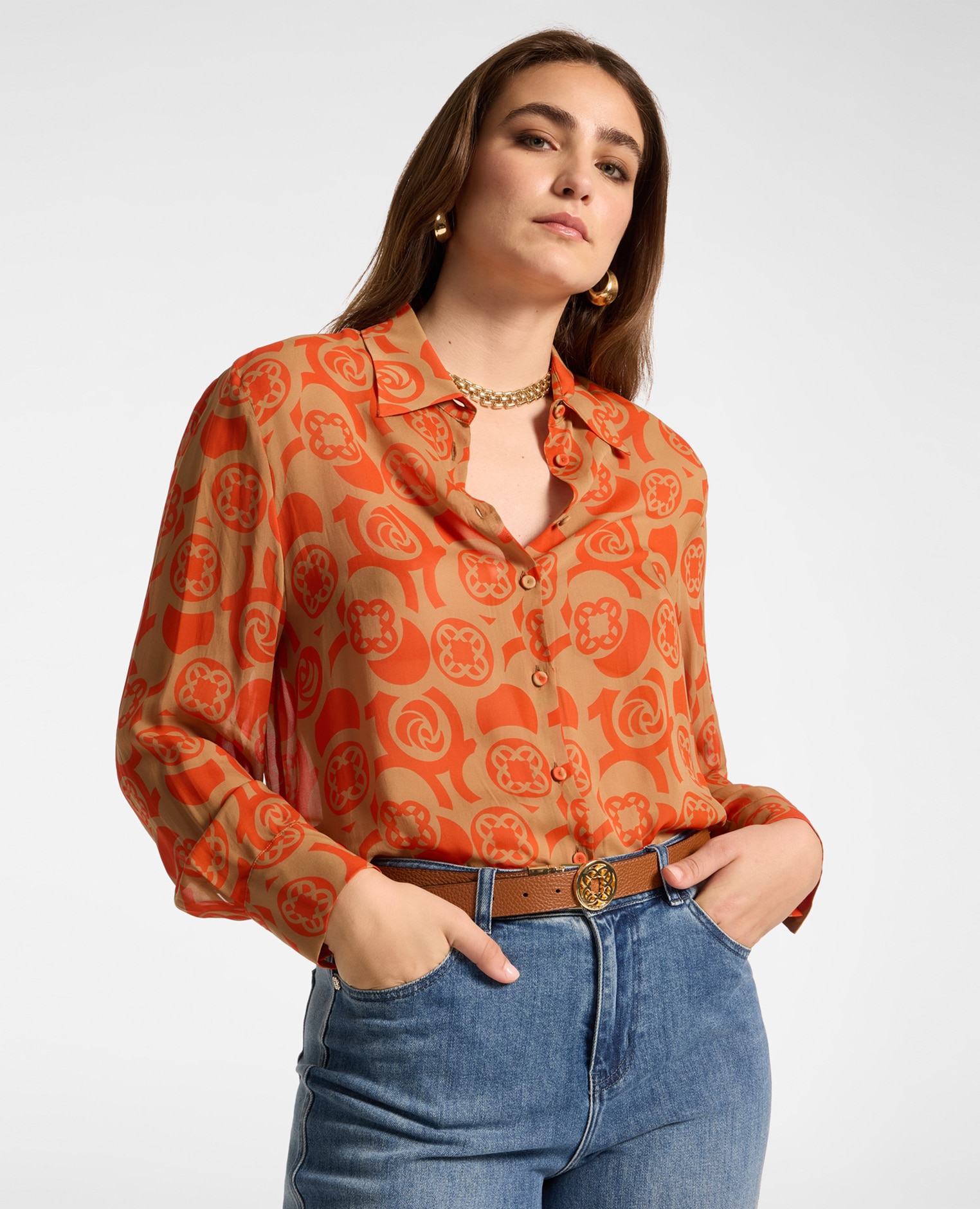 Imagen 1 de Camisa de mujer de viscosa estampada ajuste regular cierre con botones - Elena Miró - Naranja Naranja