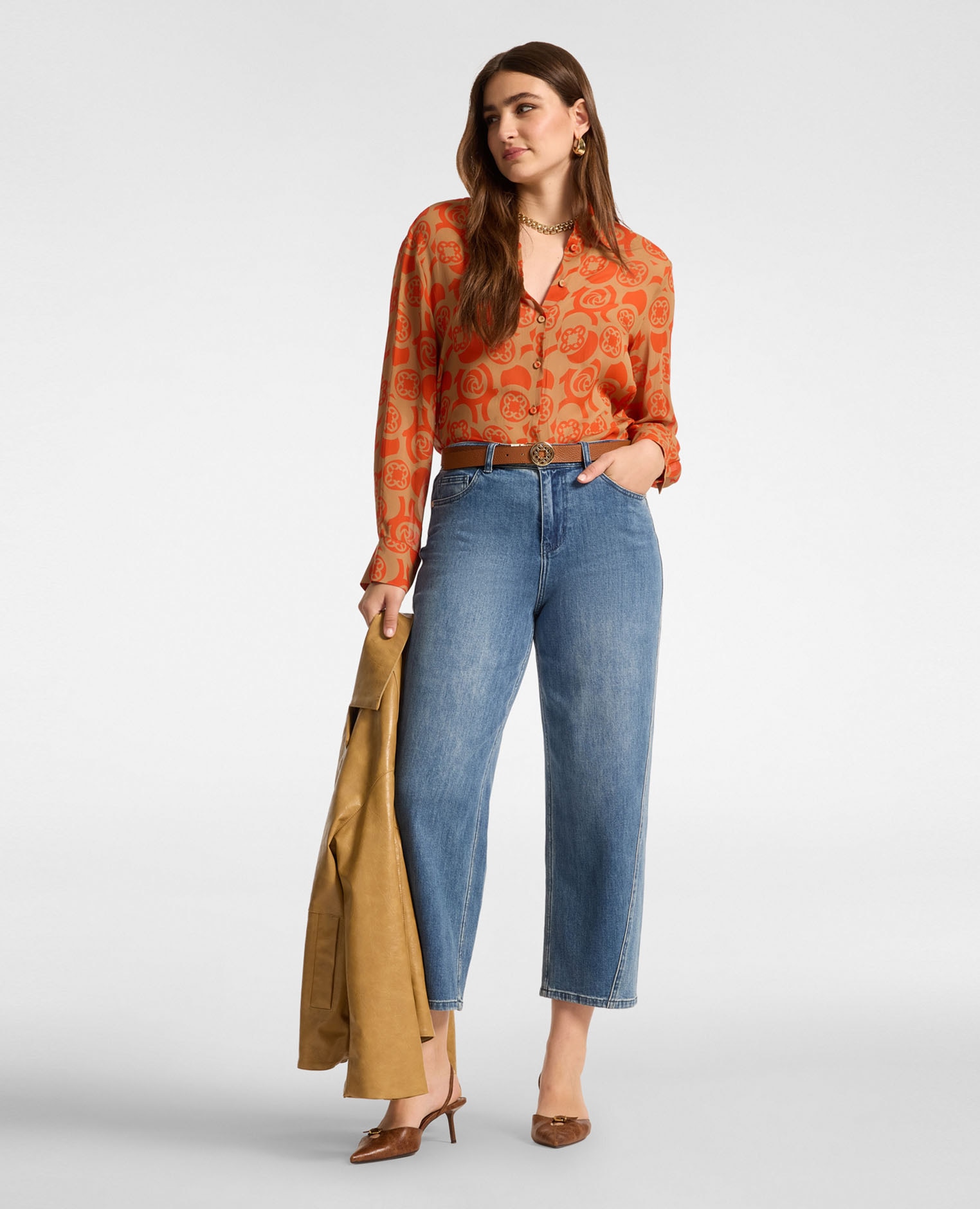 Imagen 3 de Camisa de mujer de viscosa estampada ajuste regular cierre con botones - Elena Miró - Naranja Naranja