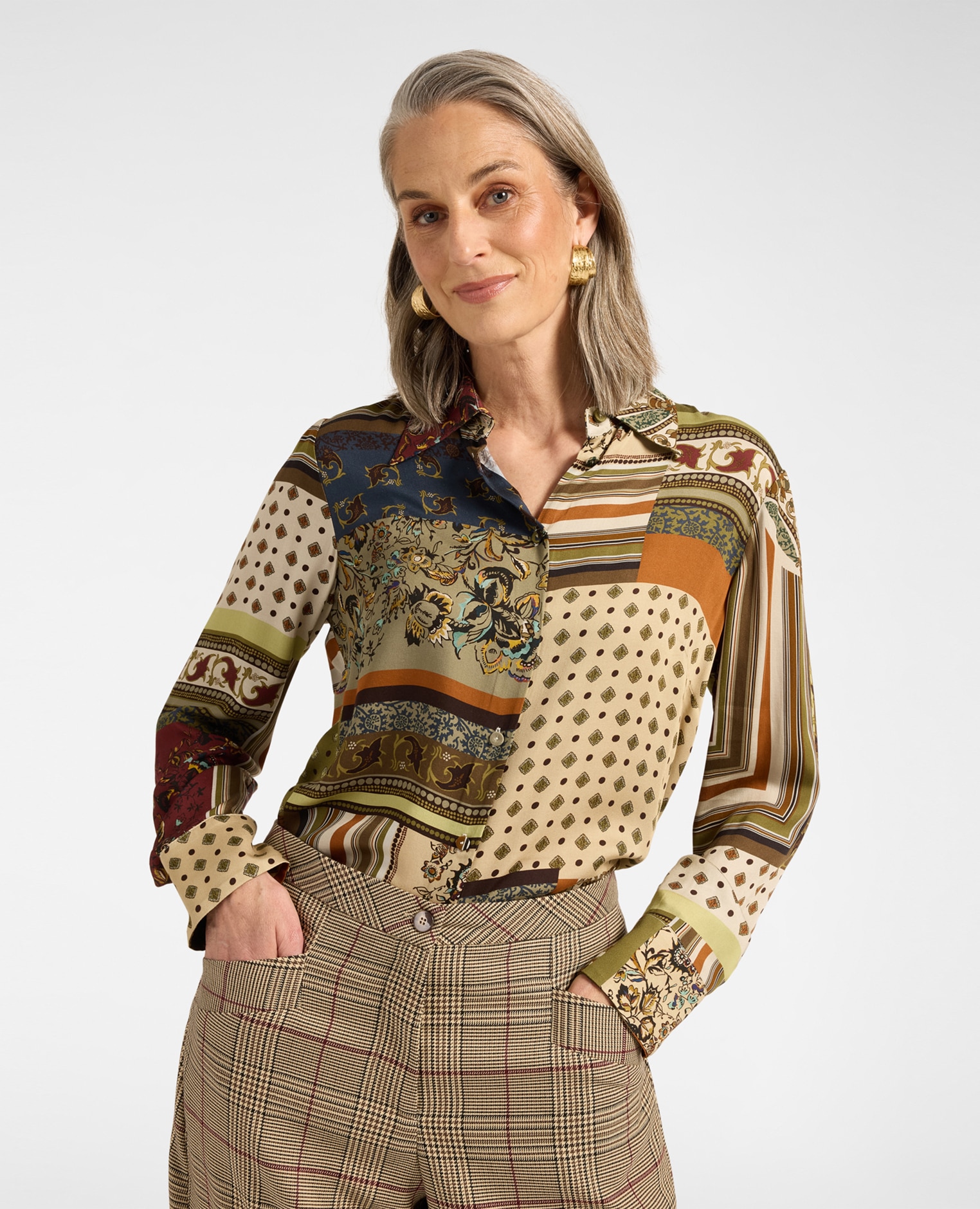 Camisa de mujer de raso estampada patchwork ajuste regular cierre con botones - Elena Miró - Verde militar Verde militar-1
