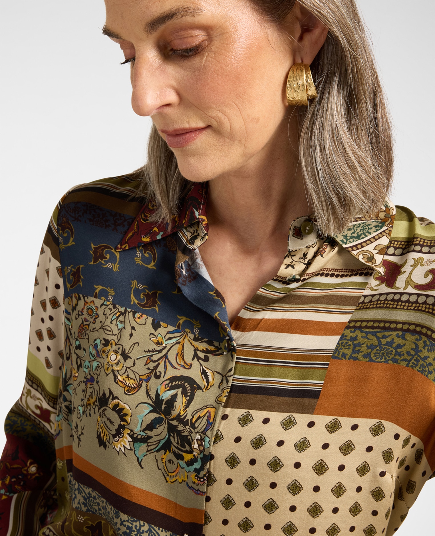 Camisa de mujer de raso estampada patchwork ajuste regular cierre con botones - Elena Miró - Verde militar Verde militar-4