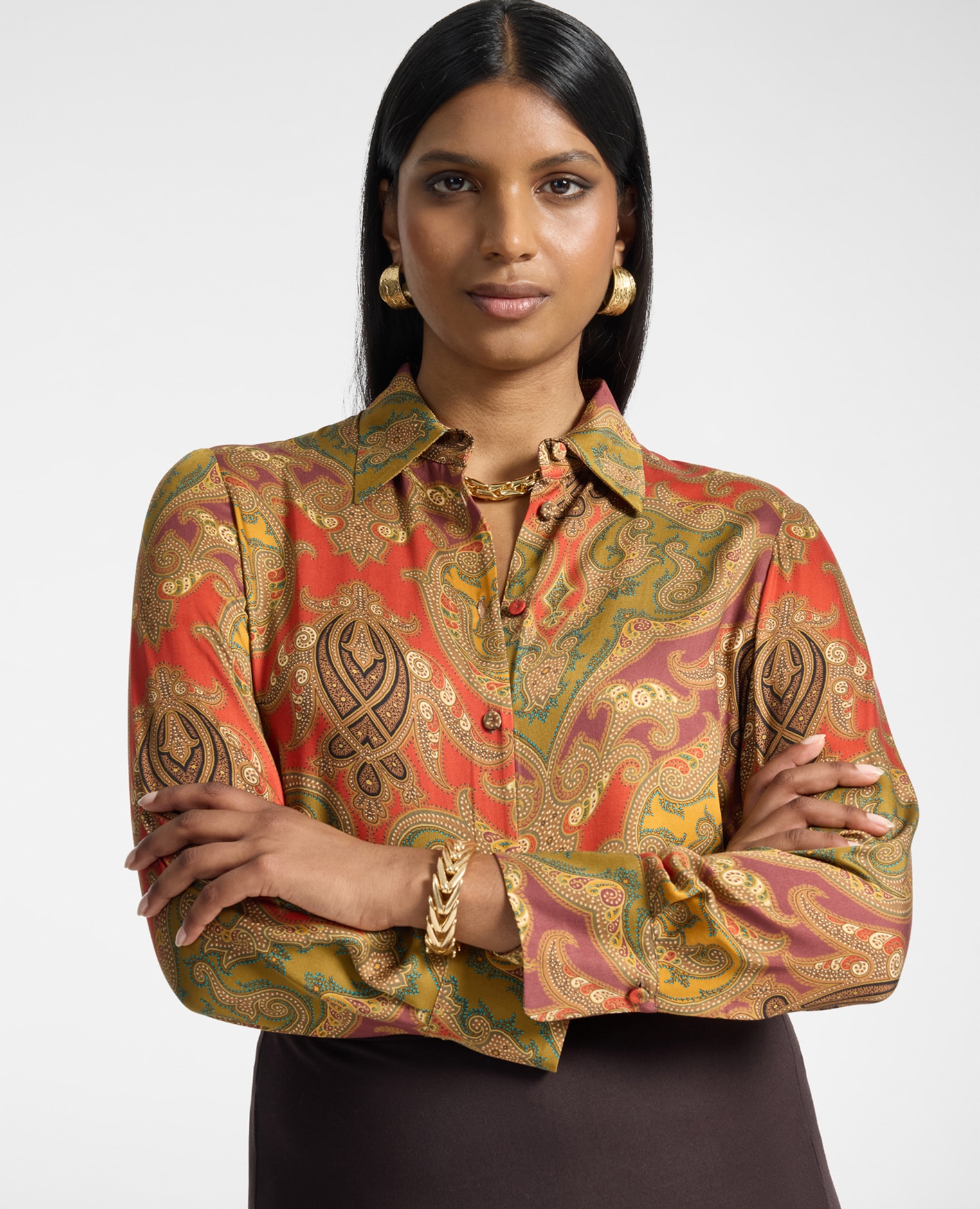 Imagen 1 de Camisa de mujer de raso estampada patchwork ajuste regular cierre con botones - Elena Miró - Naranja Naranja