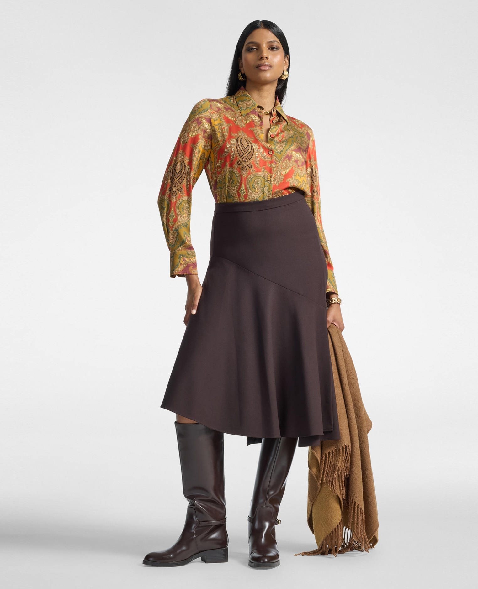 Imagen 3 de Camisa de mujer de raso estampada patchwork ajuste regular cierre con botones - Elena Miró - Naranja Naranja