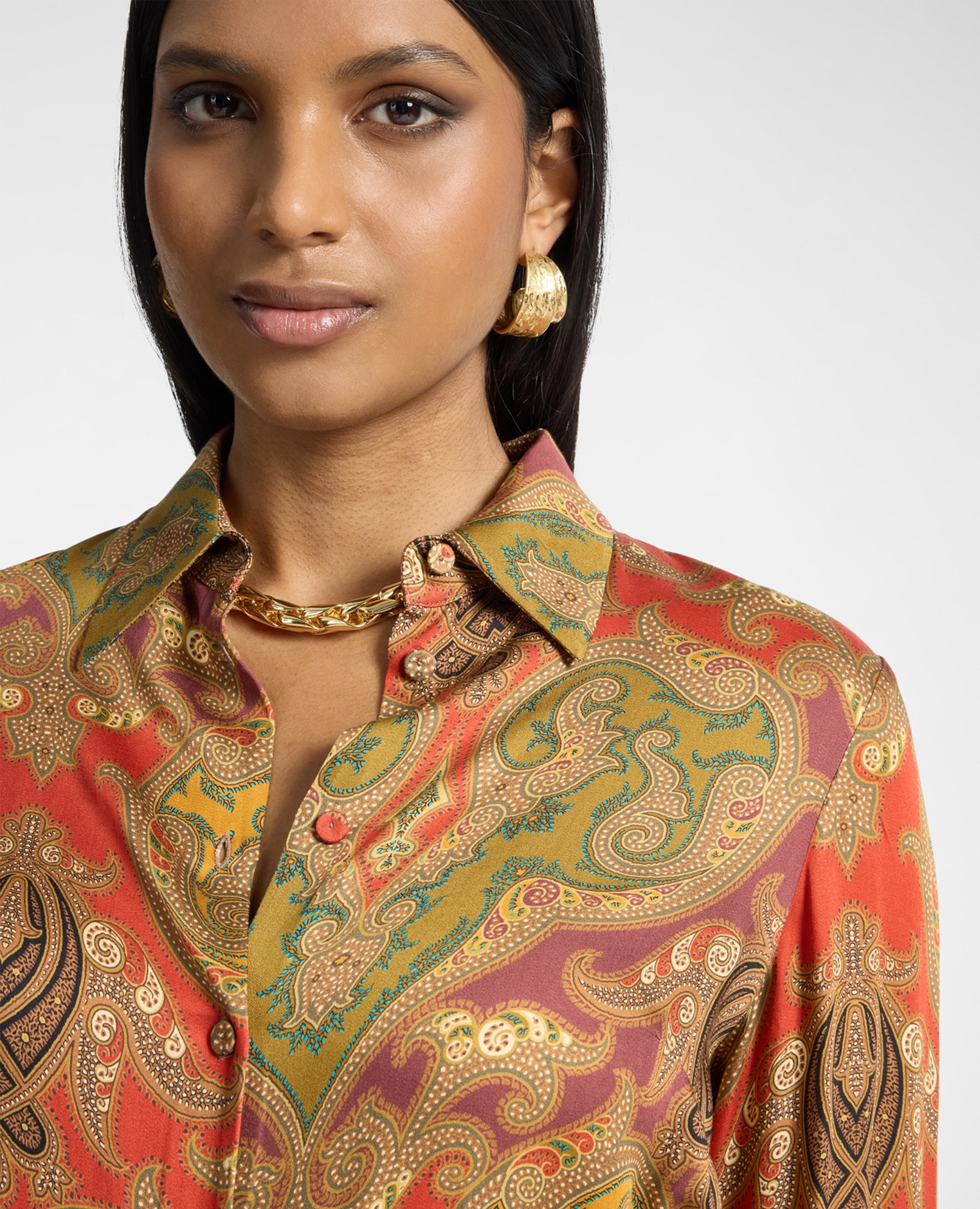 Imagen 4 de Camisa de mujer de raso estampada patchwork ajuste regular cierre con botones - Elena Miró - Naranja Naranja