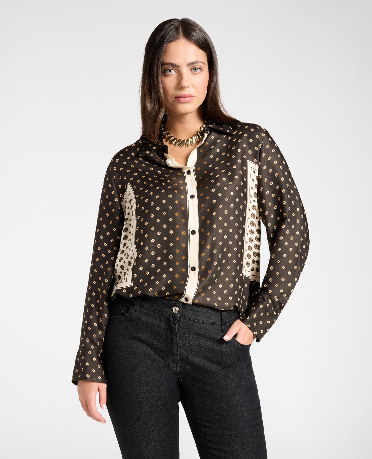 Camisa de mujer estampada en twill de viscosa ajuste regular cierre frontal con botones - Elena Miró - Negro Negro-1