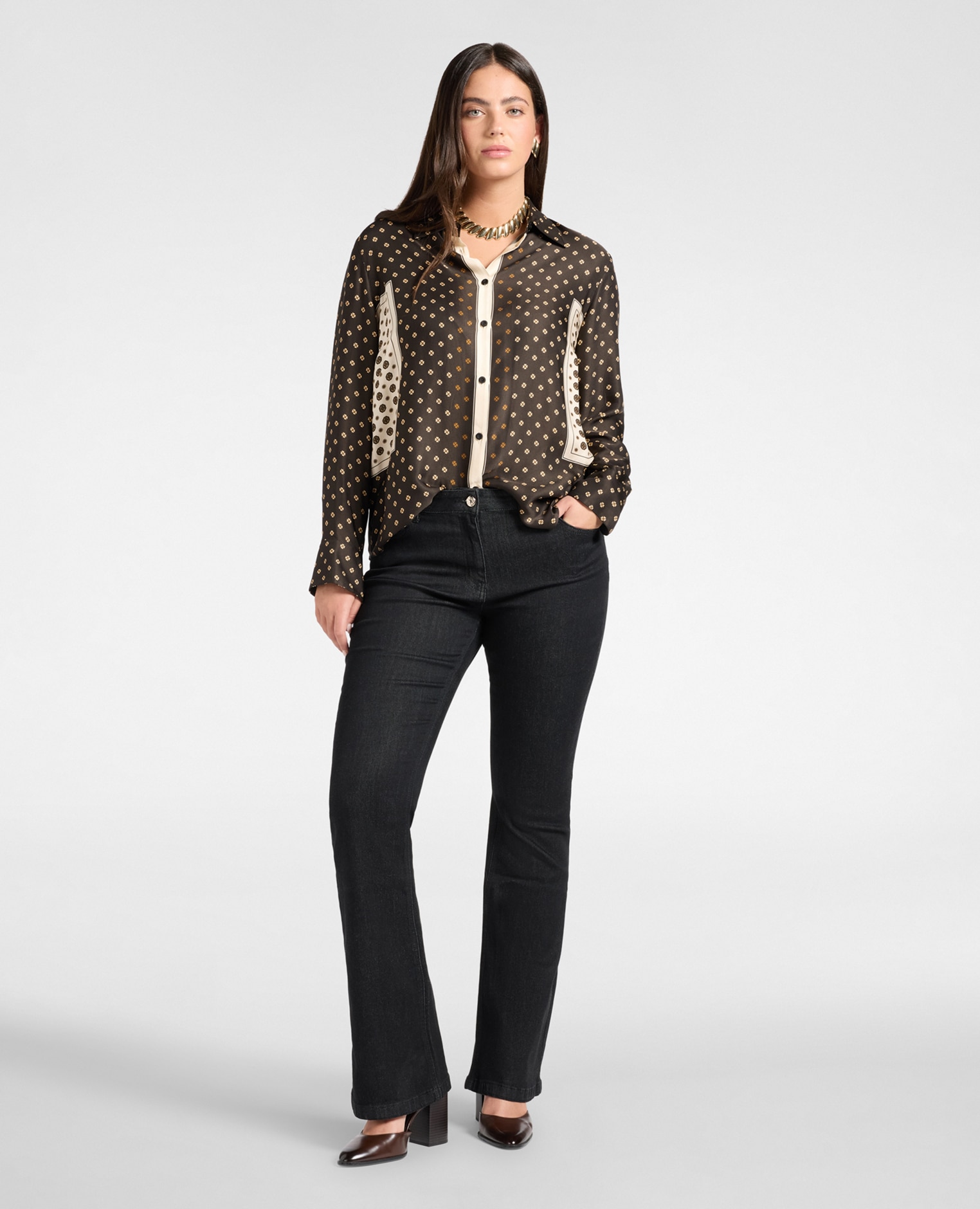 Camisa de mujer estampada en twill de viscosa ajuste regular cierre frontal con botones - Elena Miró - Negro Negro-3