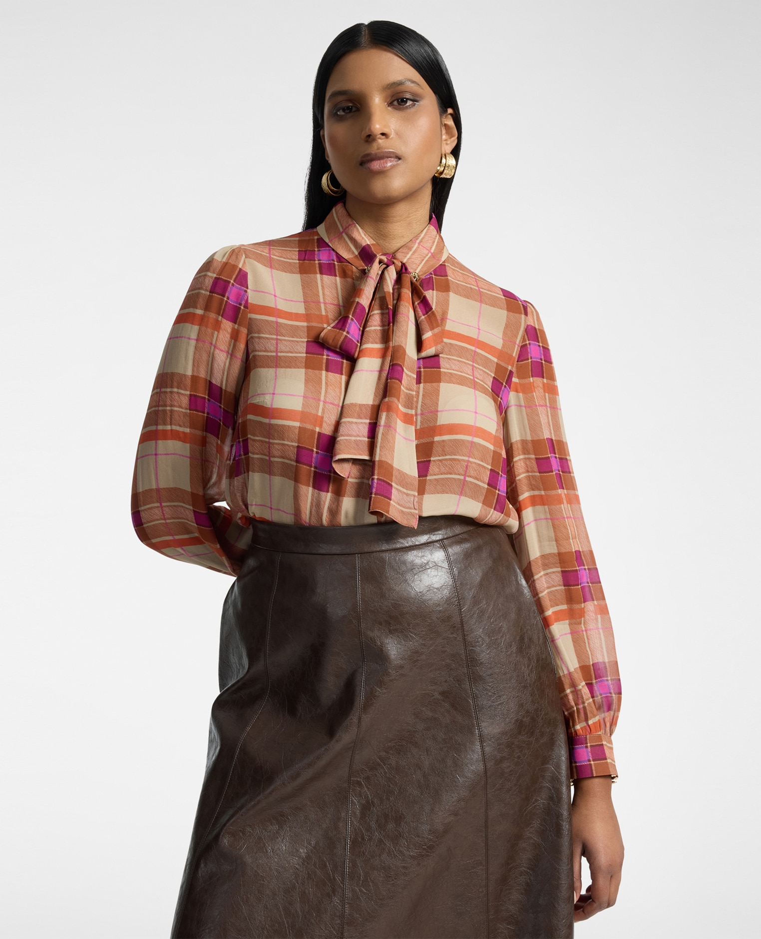 Camisa de mujer de georgette estampada con fajín ajuste regular cierre con botones - Elena Miró - Marrón Marrón-1